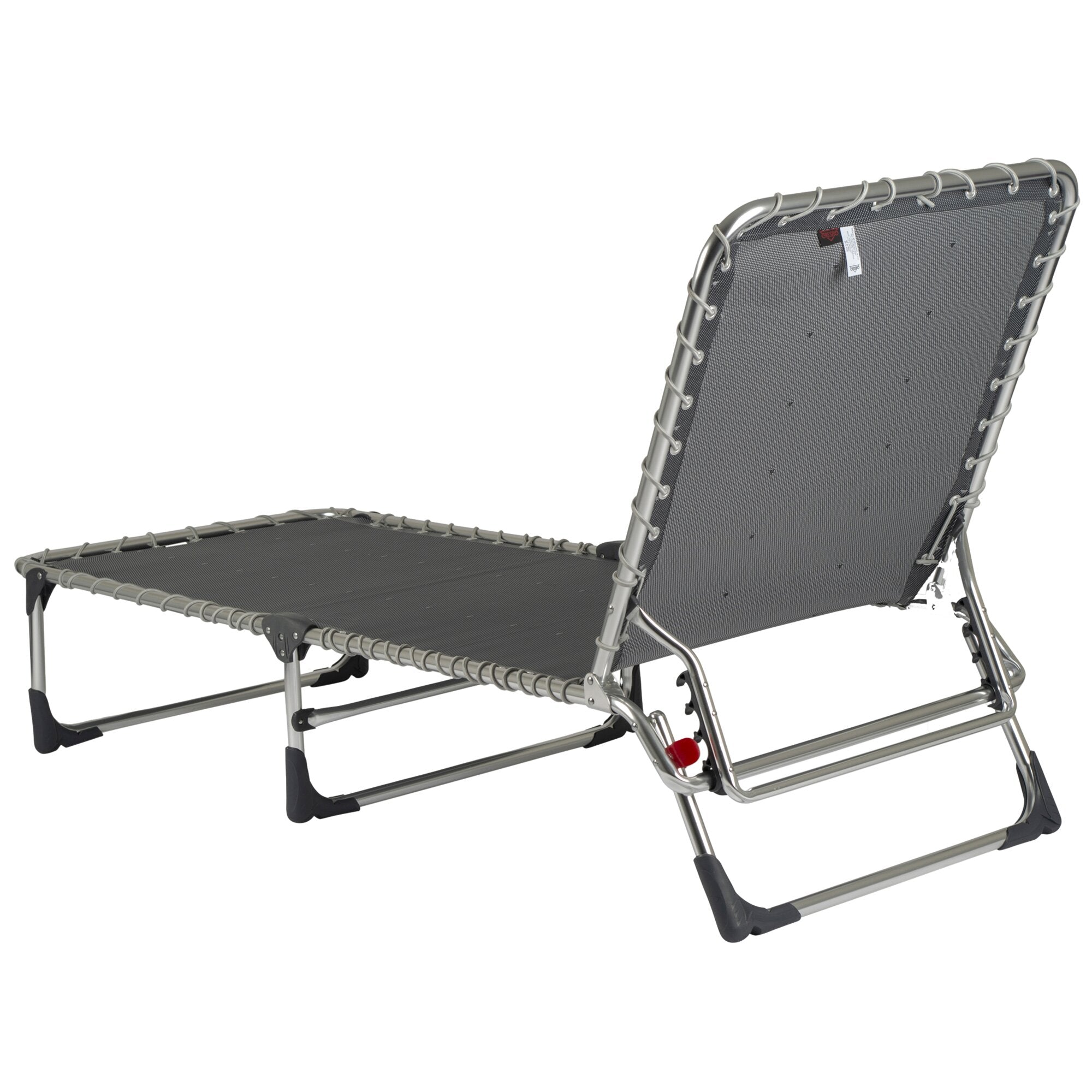 Dreibeinliege AL/367 Classic mit grauem Netzstoff, silbernem Aluminiumrahmen, verstellbarer Rückenlehne und Gummifüßen