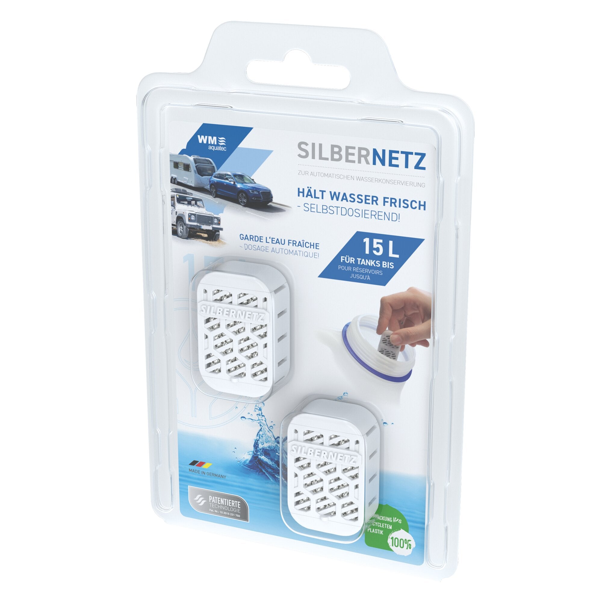 Verpackung des Silbernetz flex Wasserkonservierungssystems für 15-L-Tanks, zwei Gitter-Module in einem transparenten Gehäuse