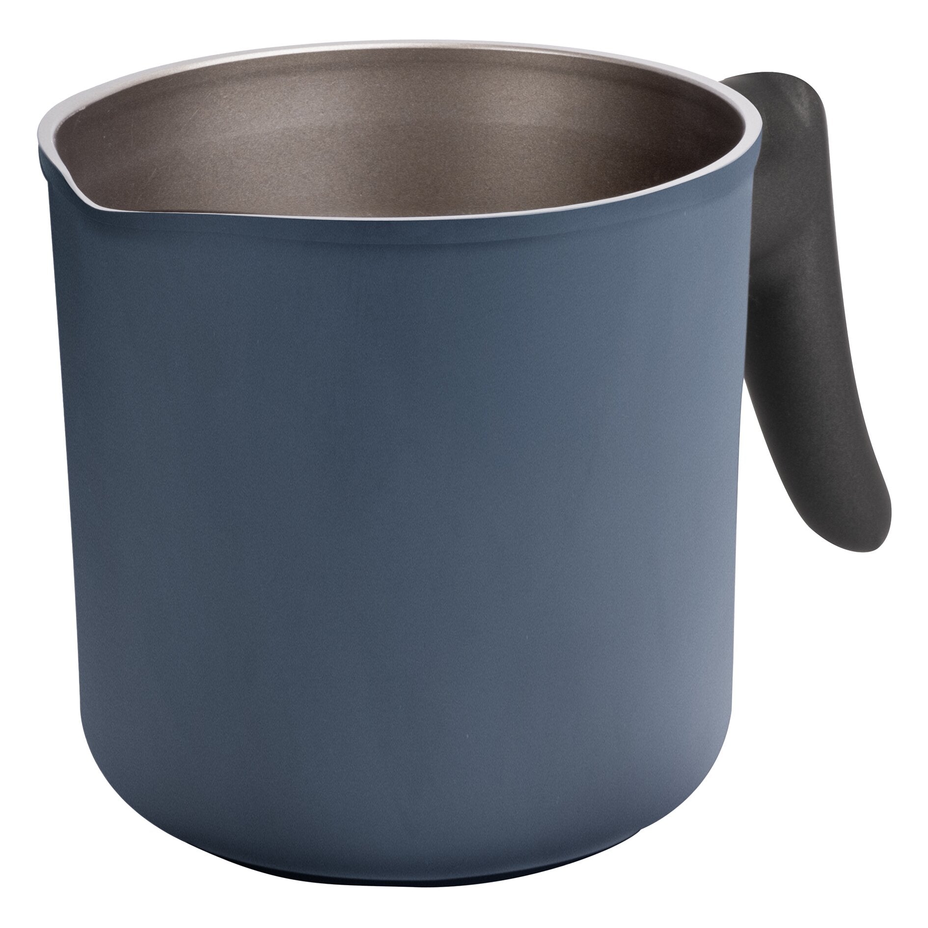 Nahaufnahme eines blauen Kochtopfes mit brauner Innenbeschichtung, weißem Rand und schwarzem Griff, 20 cm Durchmesser