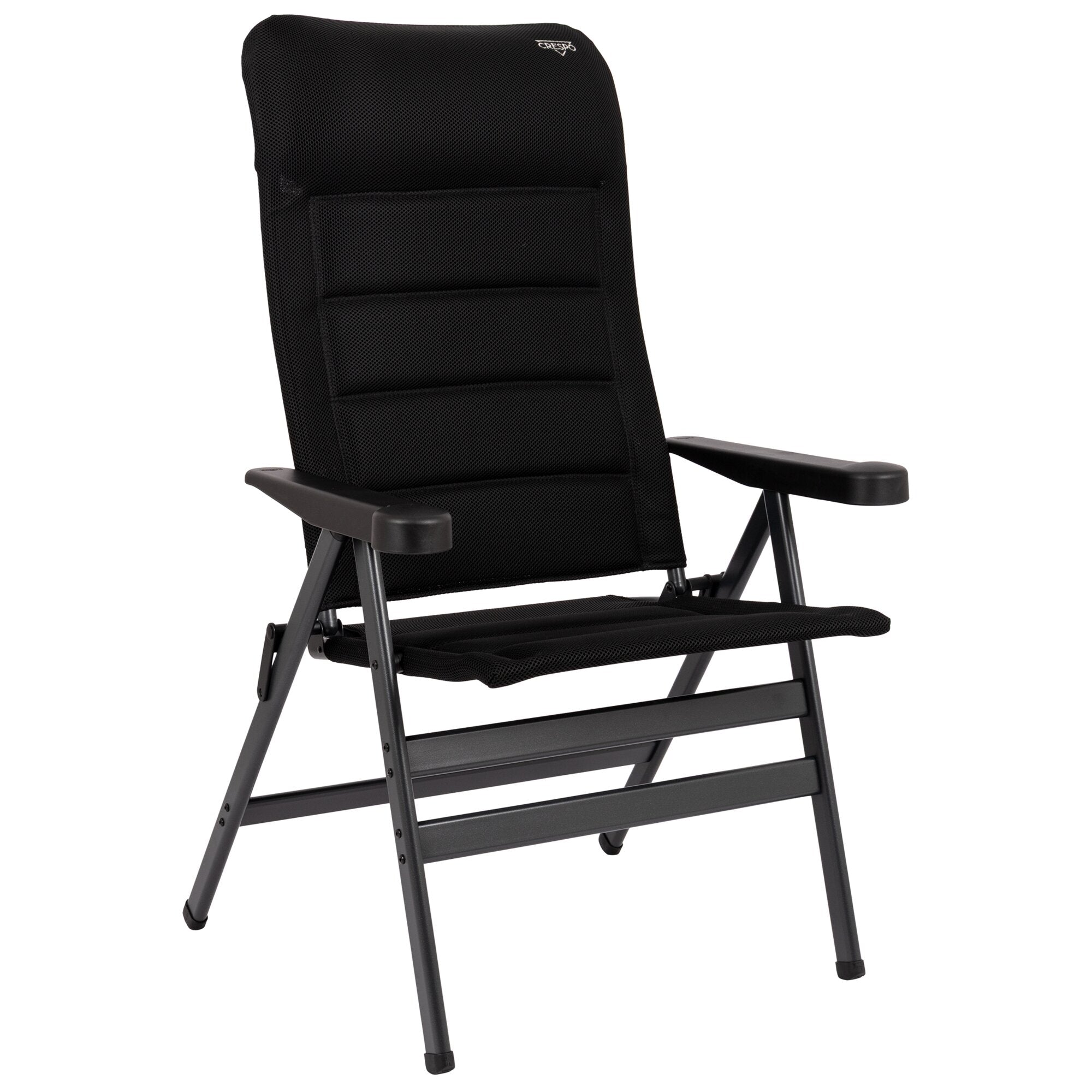 Schwarzer Campingstuhl AP/238 Air-Deluxe mit Mesh-Rückenlehne, gepolstertem Rückenbereich, Armlehnen aus Kunststoff und klappbarem Metallgestell