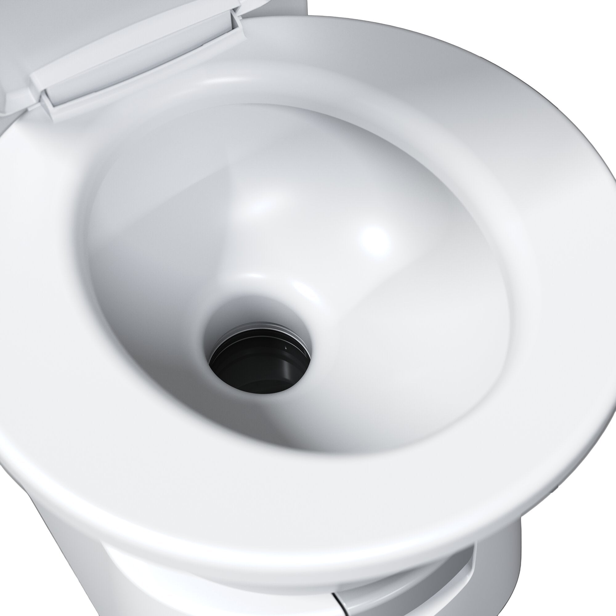 Nahaufnahme einer weißen Cassettentoilette CT 4000 ohne Konsole, Blick in die runde Toilettenschüssel mit innerer Öffnung und geöffnetem Deckel