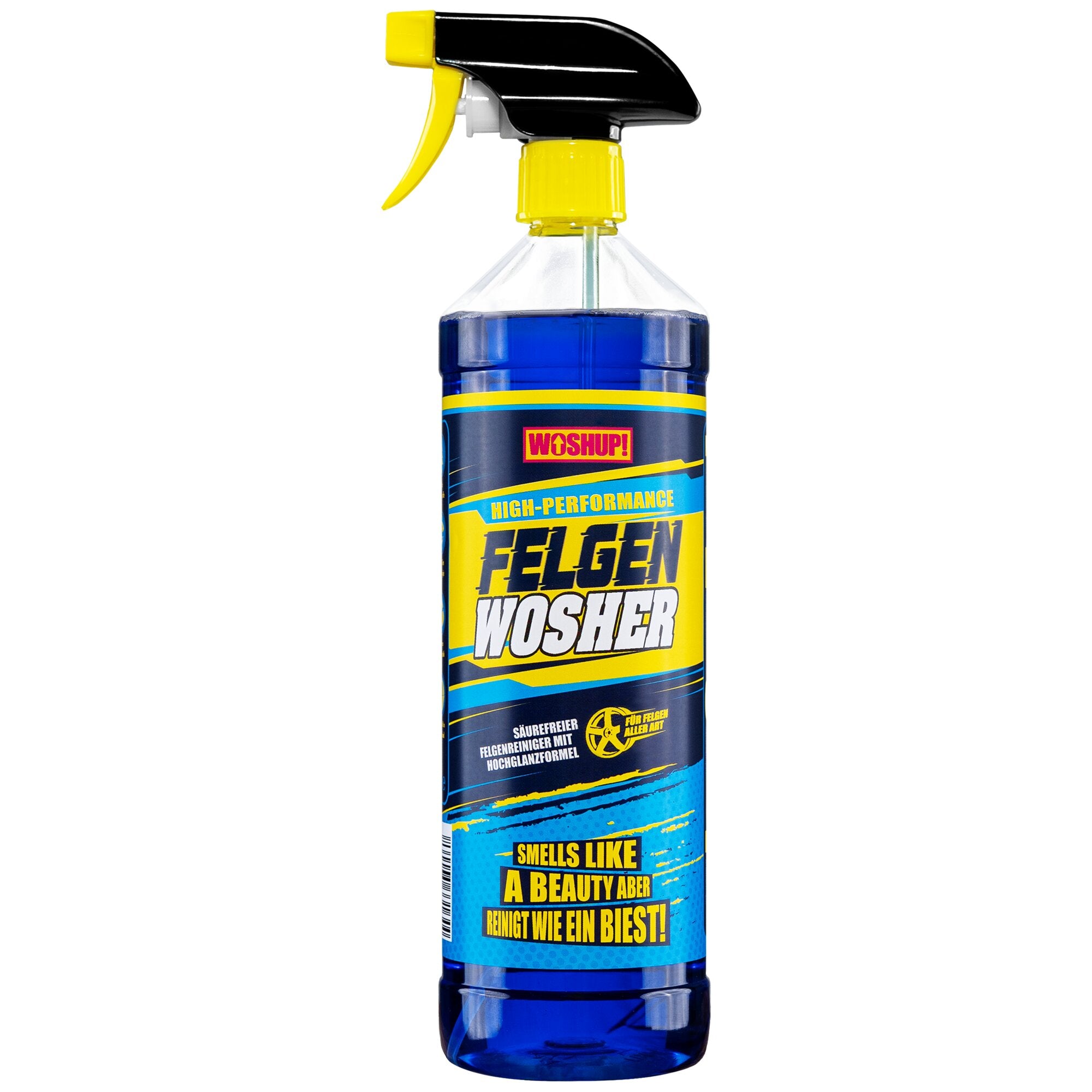 Sprühflasche mit blauem Reinigungsmittel, gelbem Sprühkopf und schwarzem Oberteil, Etikett in Gelb-Blau deutet auf Felgenreiniger hin