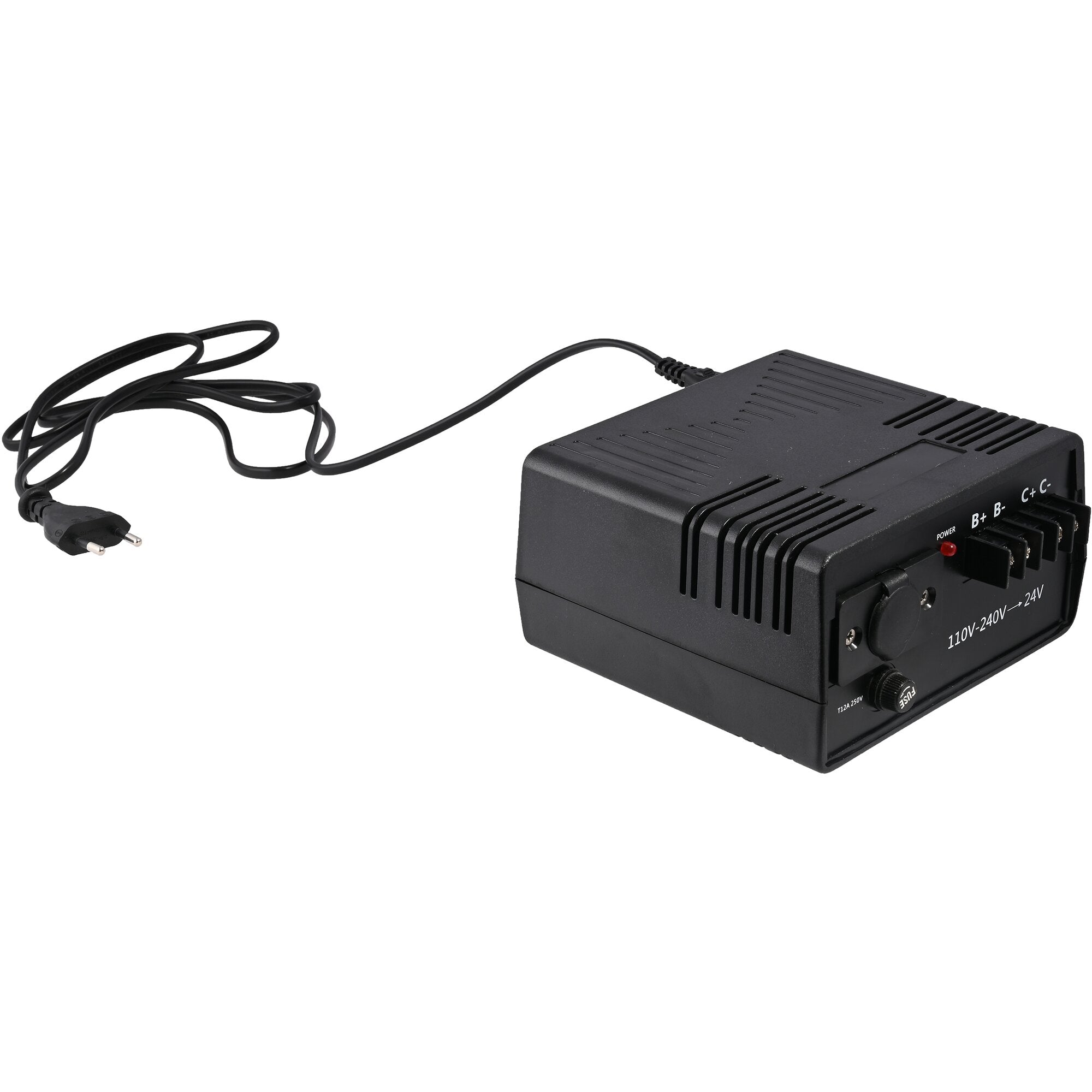 Schwarzes Netzteil mit Lüftungsschlitzen, Aufdruck 110V-240V ~ 24V, Kabel mit zweipoligem EU-Stecker liegt daneben