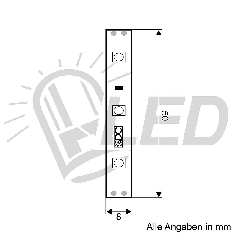Schmale vertikale LED-Lichtband-Schematik: Breite 8 mm, Höhe 50 mm, vier runde LEDs, DC-Kennzeichnung und Kontaktpads oben