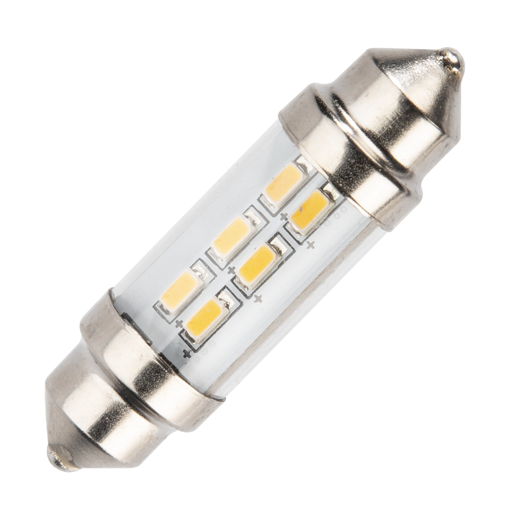 Detailansicht eines LED-Soffitte-Leuchtmittels: transparente Röhre, gelbe LED-Chips auf Leiterplatte und silberne Metallkappe am Ende