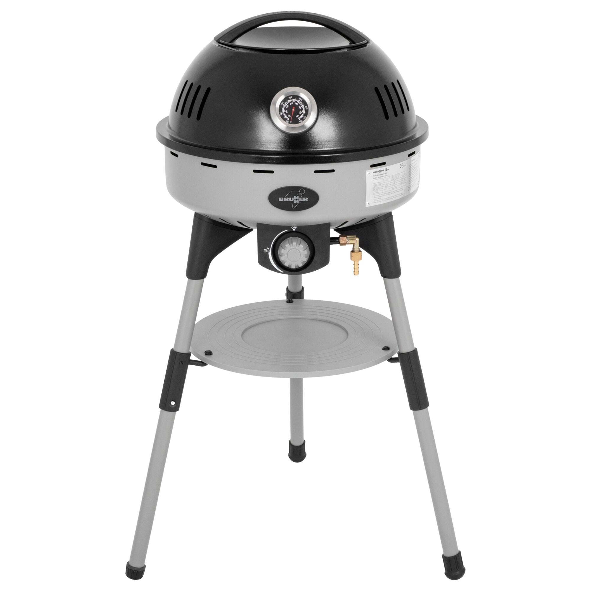 Runder Gasgrill mit schwarzem Deckel, Thermometer an der Front, seitliche Lüftungsschlitze, graue Standbeine und Ablageboden, Brunner-Logo