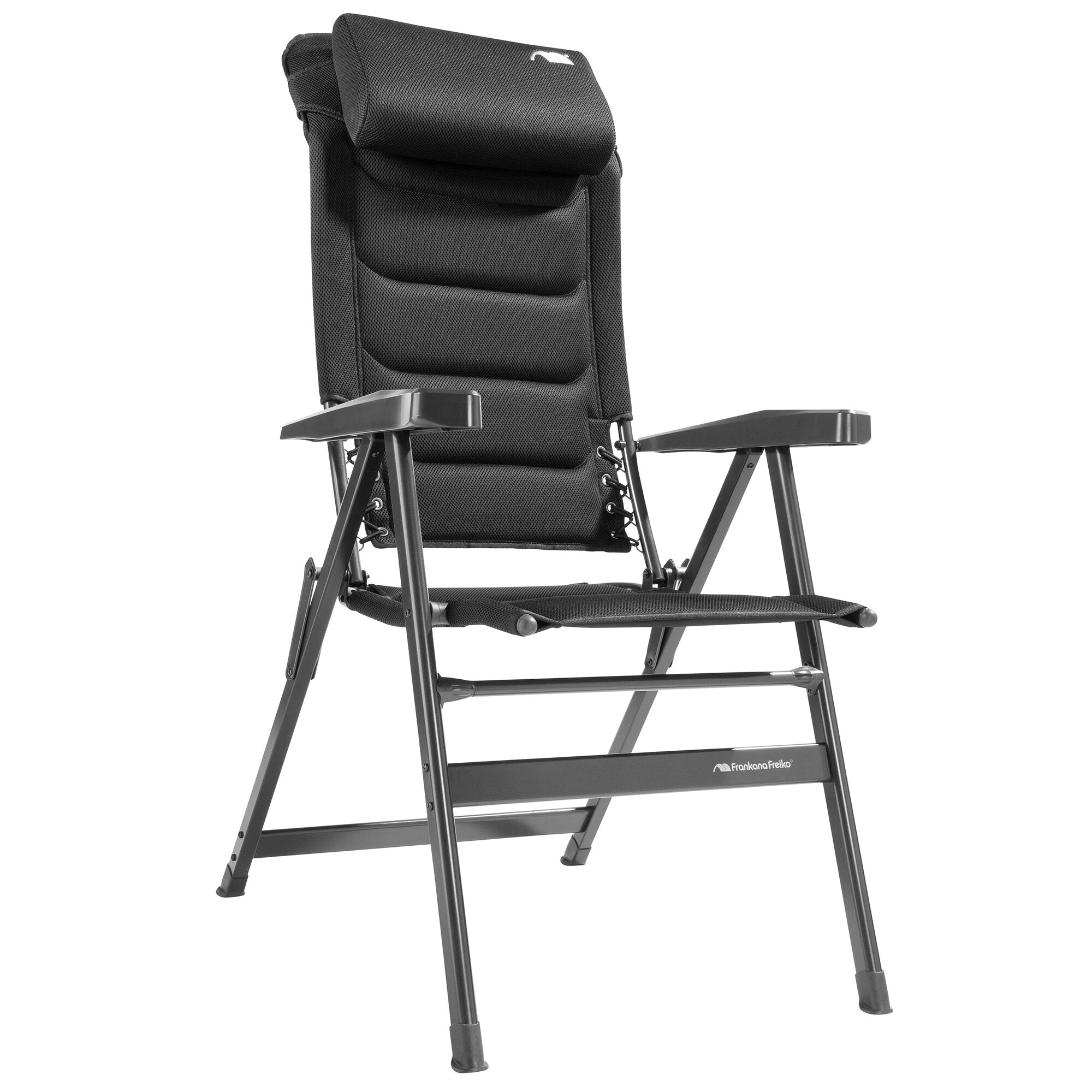 Schwarzer HighQ Comfortable Campingstuhl mit hoher Rückenlehne und gepolstertem Mesh-Gewebe, robuste Armlehnen und stabiler Metallrahmen