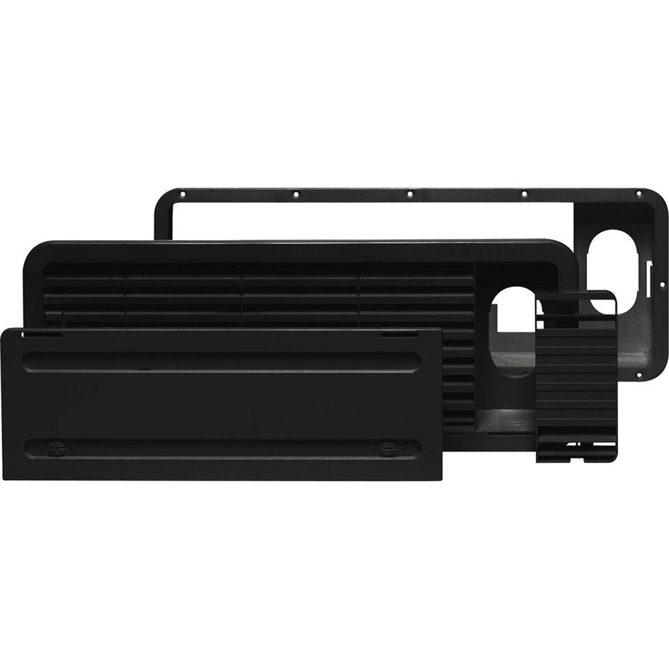 Schwarzes Lüftungsgitter-Set LS 100 mit mehreren Teilen: Frontgitter mit horizontalen Lamellen, flaches Abdeckpanel und Montagerahmen