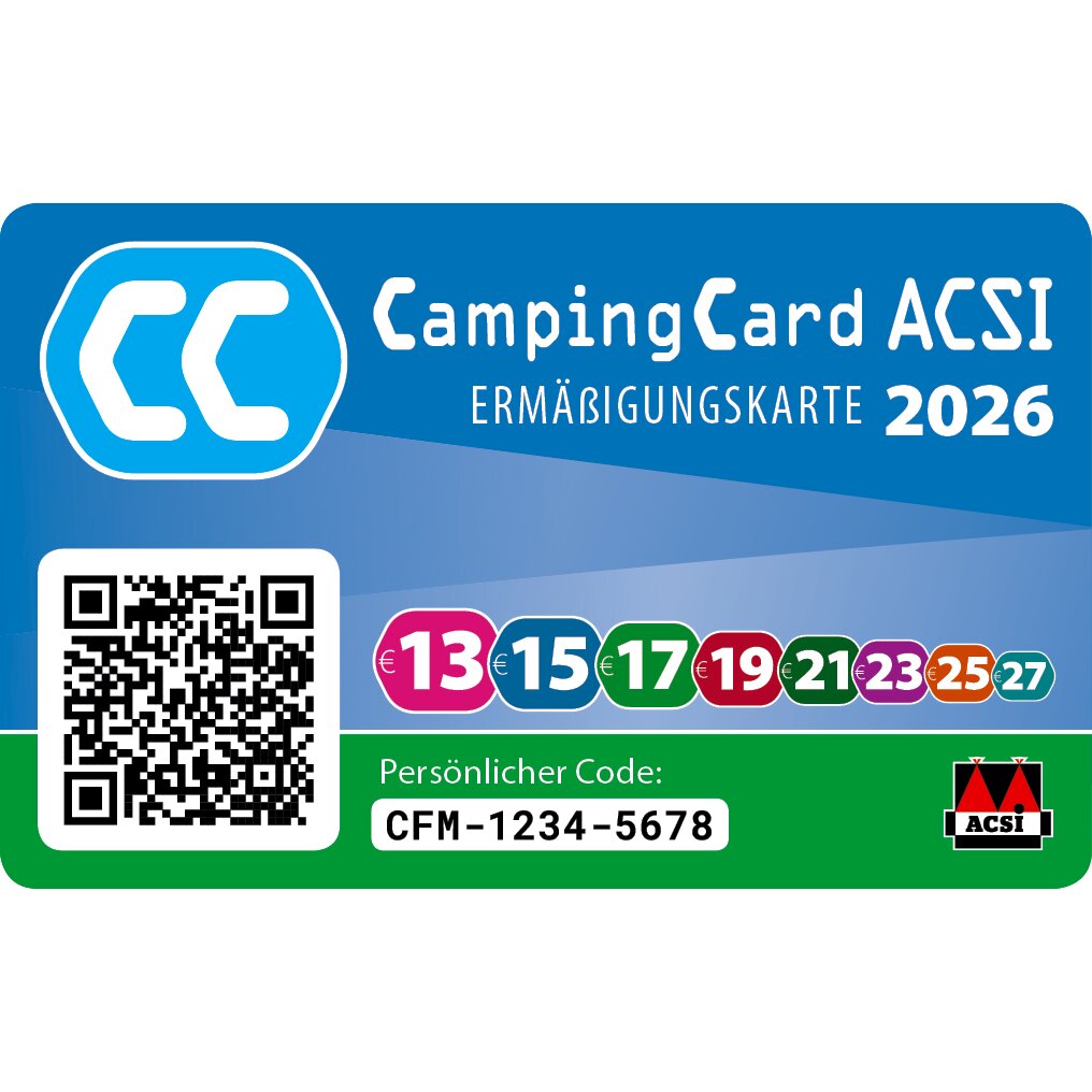 CampingCard ACSI Ermäßigungskarte 2026 mit QR-Code links, bunte Wertstufenkreise 13 bis 27, persönlicher Code CFM-1234-5678, ACSI-Logo