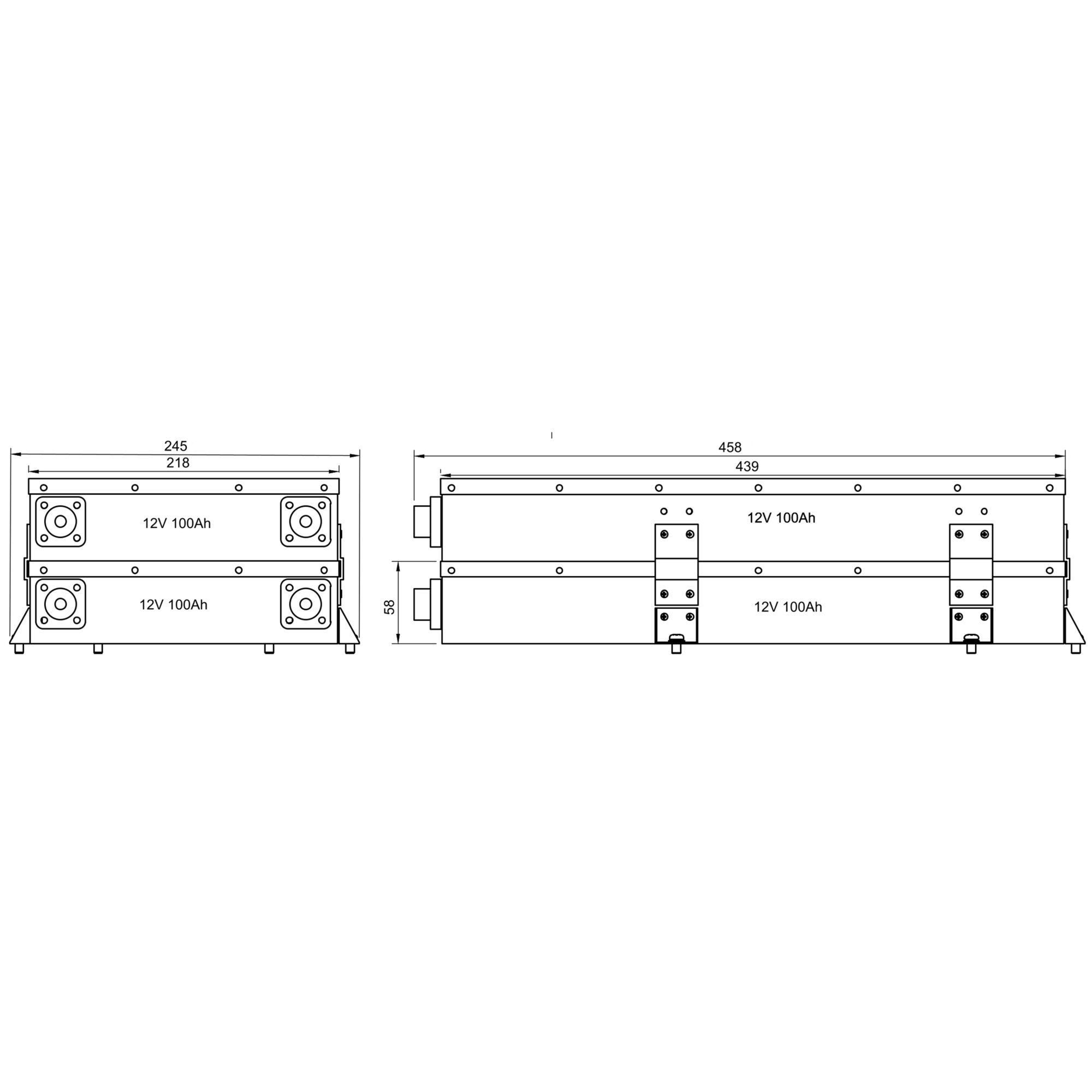 Technische Zeichnung der Polar Slim Lithium-Batterie mit zwei 12V 100Ah Modulen, Vorder- und Seitenansicht, Anschlussplatten sichtbar