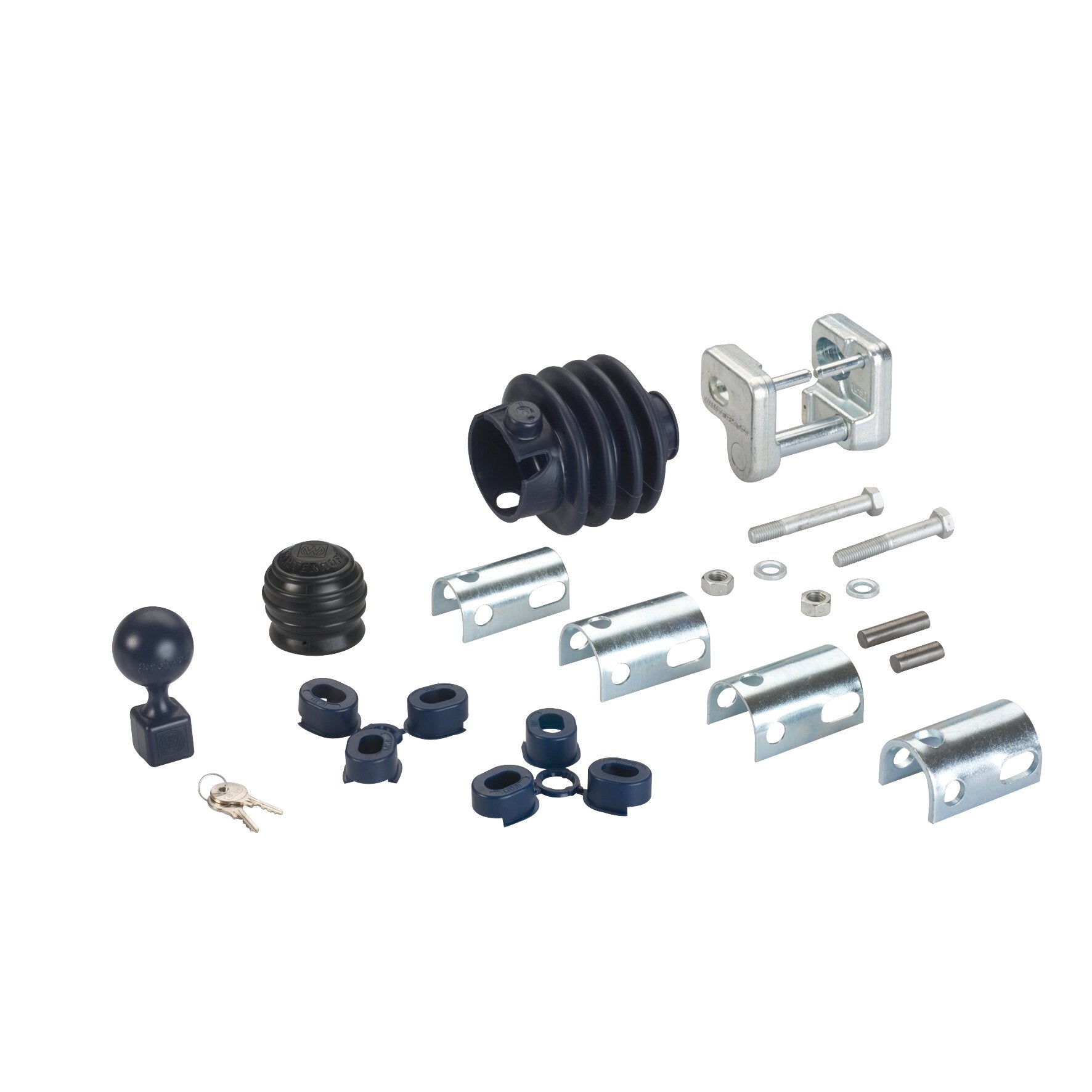 Bauteilsatz des Kugelkupplung Safety Pack WS 3000 mit Schlingerdämpfung und Robstop: Gummielemente, Bolzen, Muttern, Schellen, Scheiben und Montageshalterungen