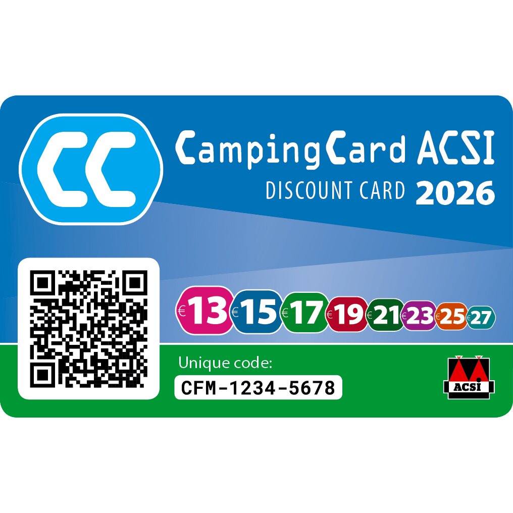 CampingCard ACSI Discount Card 2026 mit QR-Code, farbigen Preisringe 13 bis 27 Euro, Unique code CFM-1234-5678, ACSI-Logo unten rechts