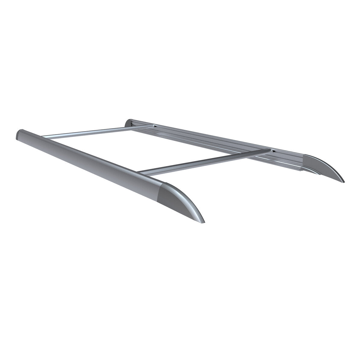 Reling STYLE Dachgepäckträger-Rahmen aus Metall in Silber, zwei Längsträger mit Querstangen und abgerundeten Enden, Sicht von links