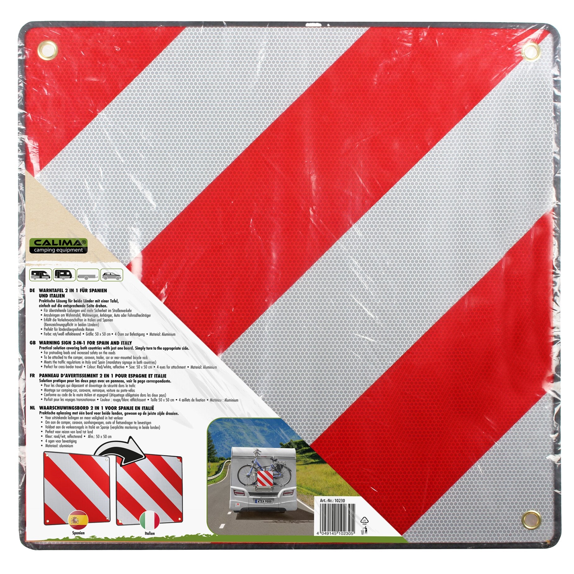 Reflektierende Warntafel mit rotem diagonalen Streifenmuster, 2 in 1 Spanien und Italien, Bohrungen oben, CALIMA Camping Equipment Logo sichtbar