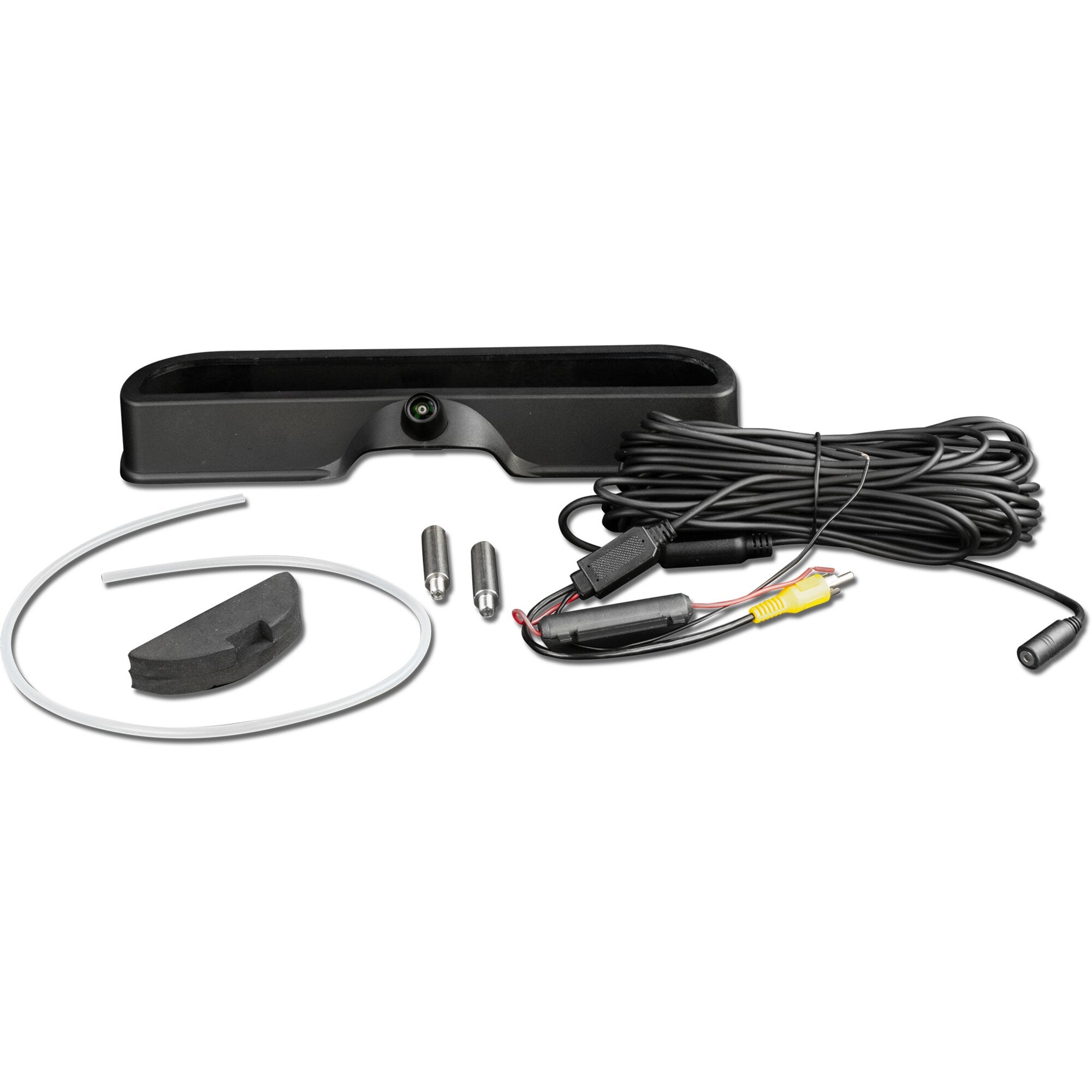 XZENT X-RVC290MK2 Rückfahrkamera in schwarzer Halterung mit kleinem Kamera-Modul, langem Kabel, gelbem RCA-Video-Stecker, Schrauben