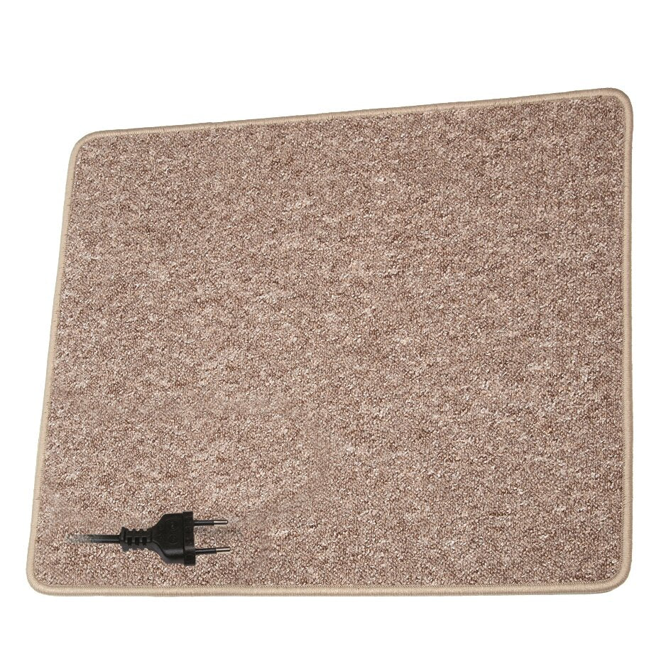 hellbrauner Heizteppich mit flauschiger Oberfläche, rechteckige Form, beige Rand und Netzstecker unten links am Kabel