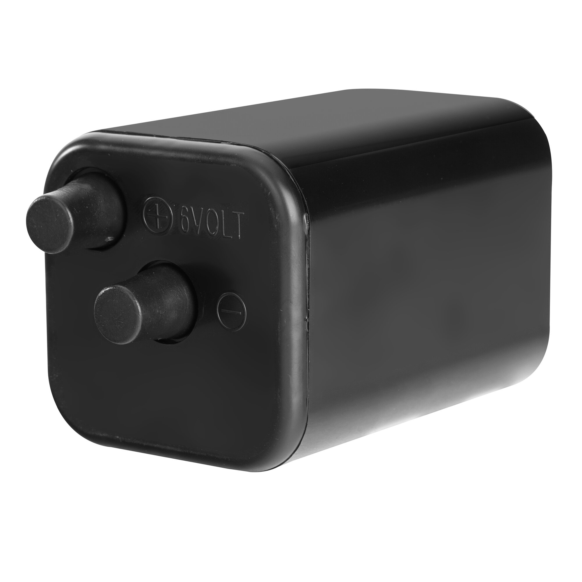 Schwarze rechteckige IEC 4R25 Batterie mit abgerundeten Kanten, zwei runde Kontakte an der sichtbaren Seite und der Prägung + 6 VOLT