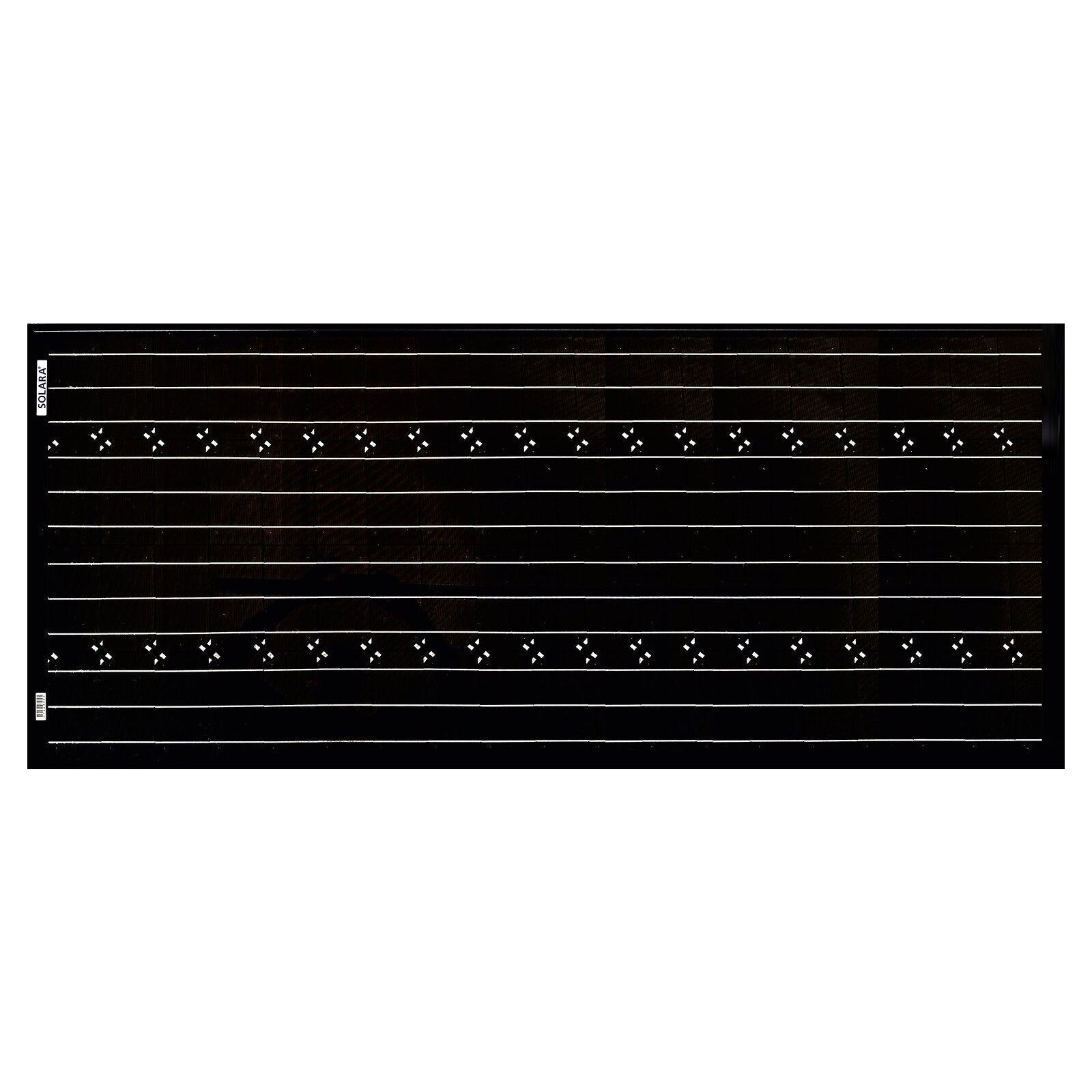 Breites schwarzes Solarmodul mit weißen Gitterlinien, zahlreichen rautenförmigen Markierungen und einer vertikalen SOLARA-Beschriftung am linken Rand