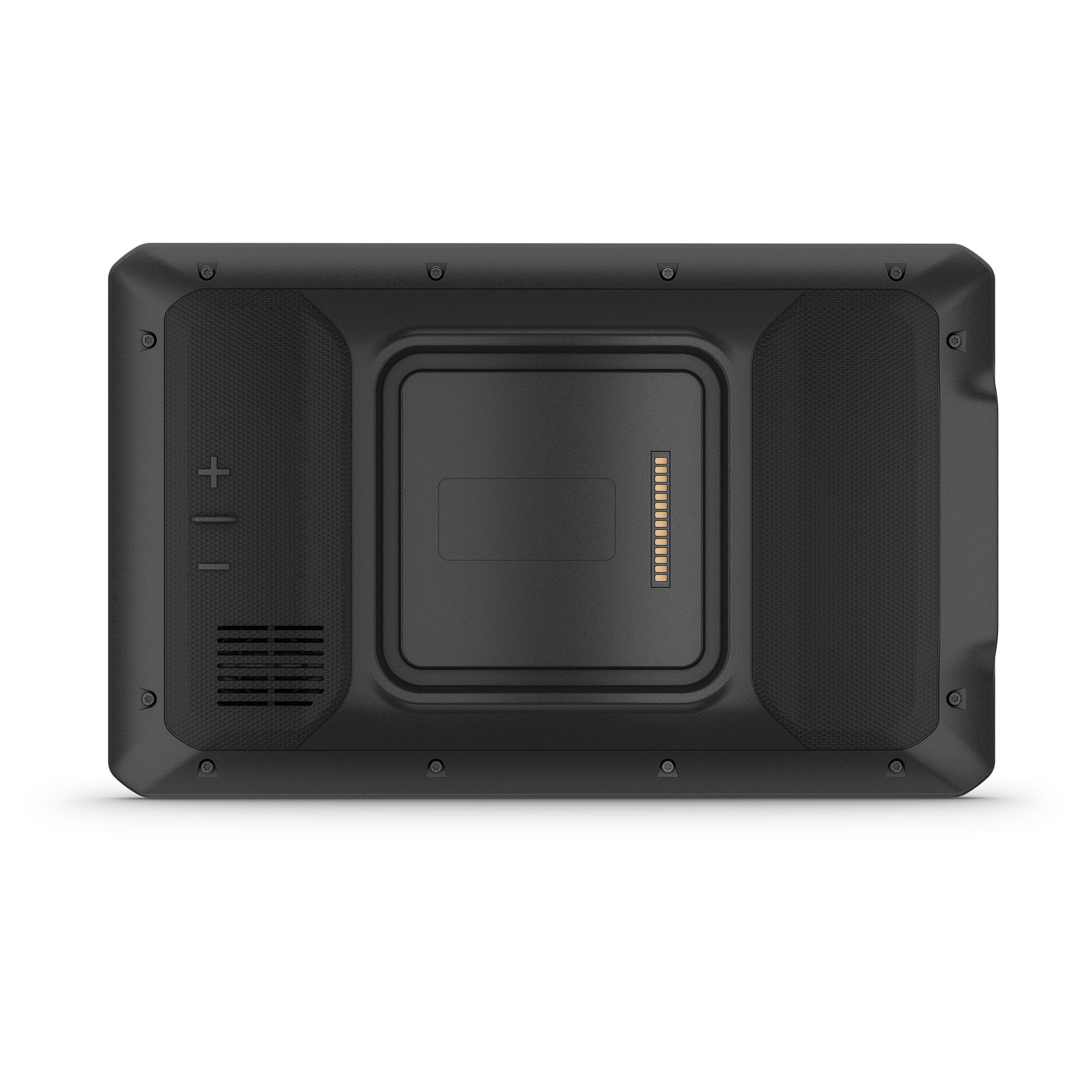 Rückseite eines schwarzen 8-Zoll Garmin VIEO RV Bedienteils mit umlaufenden Schrauben, links eine grob strukturierte Fläche mit Plus/Minus-Symbolen, rechts goldene Kontaktpads