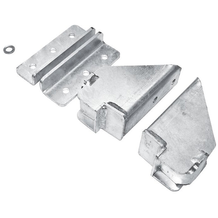 Mehrteiliger Satz silberner Metallteile mit Bohrungen und Aussparungen, Halterung zur Aufnahme eines hydraulischen Wagenhebers