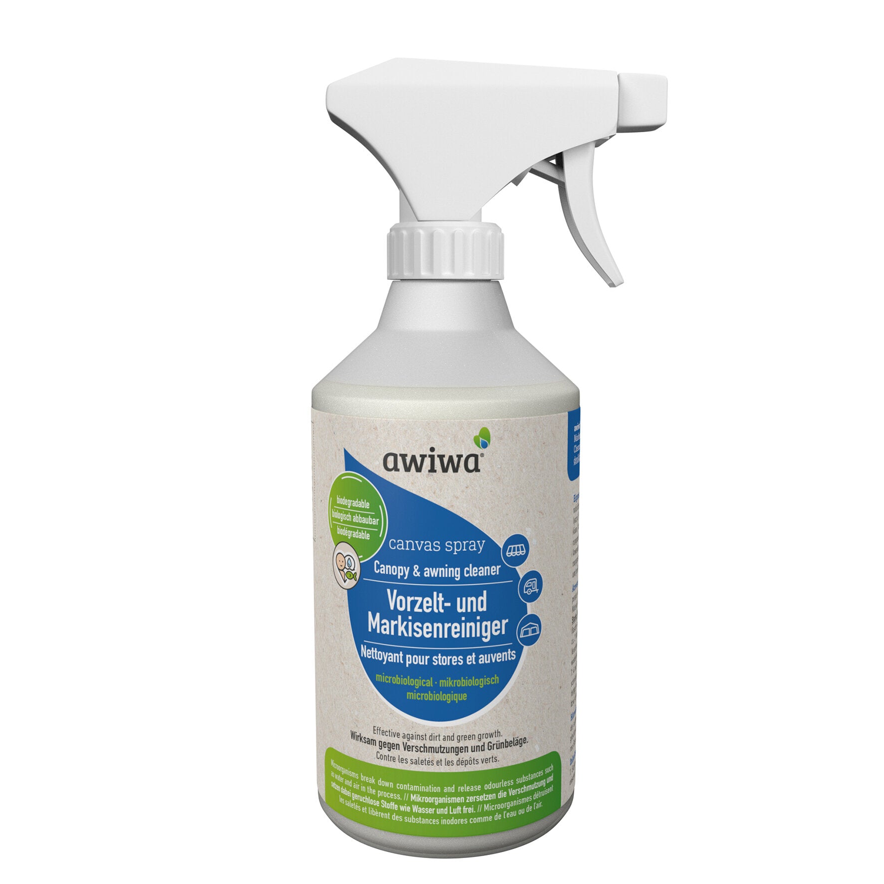 Weiße Sprühflasche mit Trigger-Sprüher, Etikett zeigt Vorzelt- und Markisenreiniger Canvas Spray und die Marke awiwa