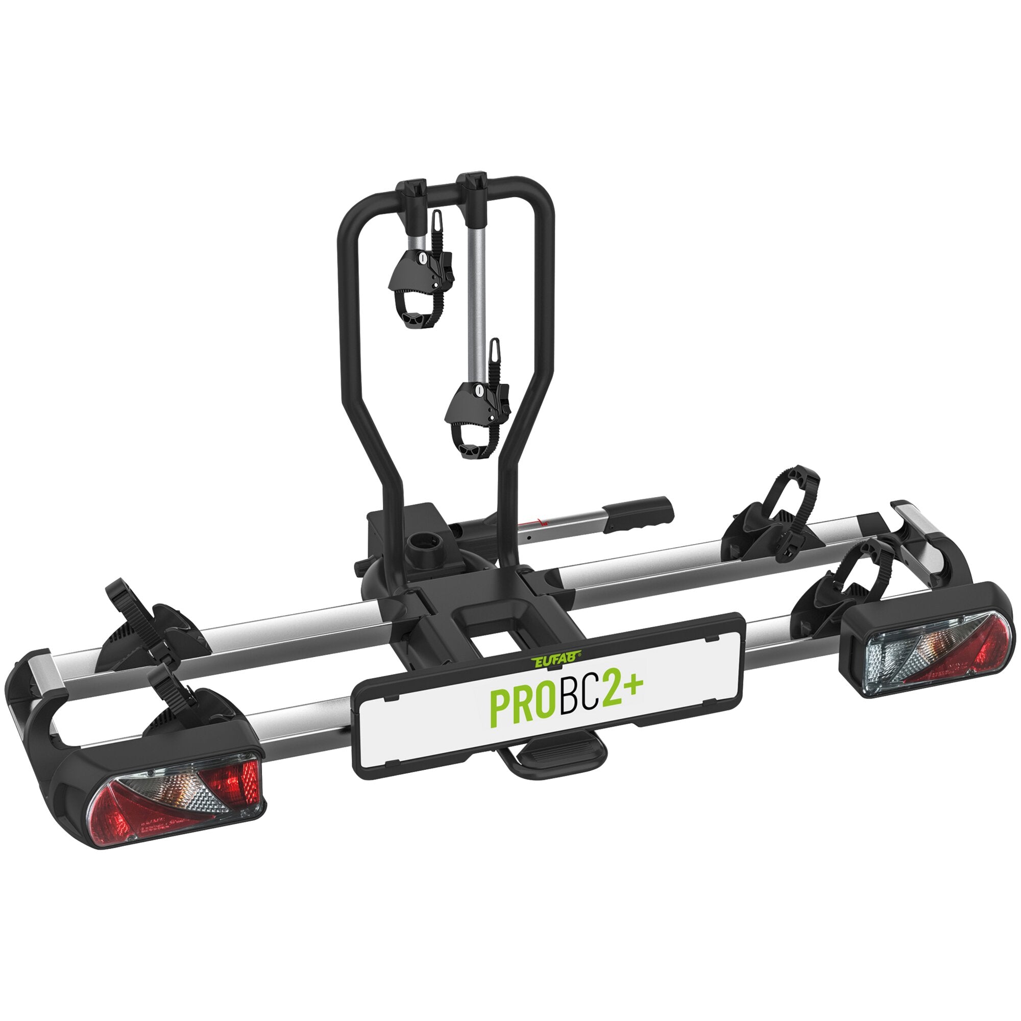 Schwarzer Fahrradträger mit Anhängerkupplung, U-förmigem Rahmen, verstellbaren Haltearmen und Spanngurten, Kennzeichenhalter mit PROBC2+