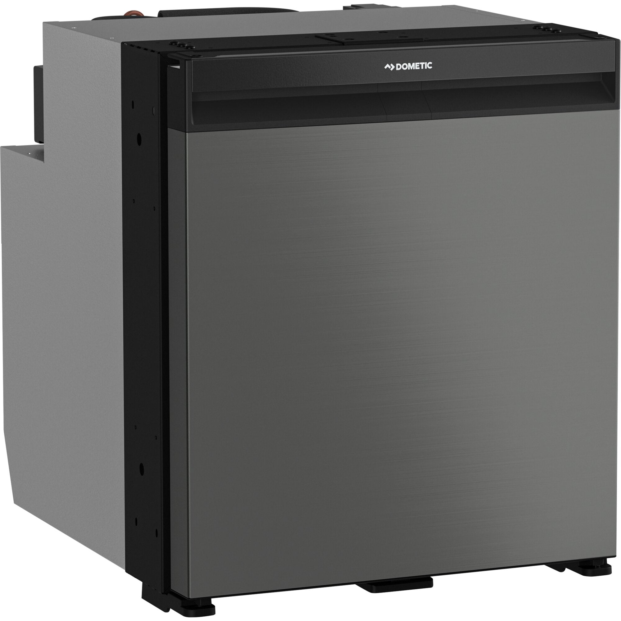 Seitenansicht eines NRX 60C Kompressorkühlschranks mit hellgrauem Gehäuse, dunkler Front, Dometic-Logo und sichtbaren Standfüßen