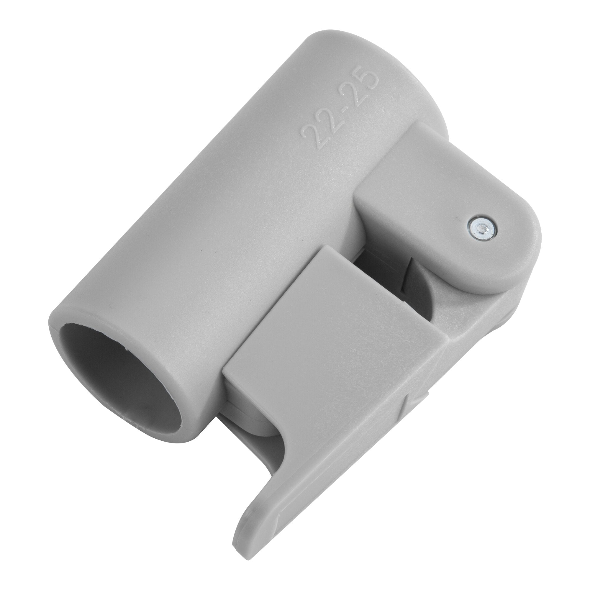 Detailansicht eines grauen Kunststoff-Schnellverschlusses Easy Grip 1,25 mm mit Verriegelungselement sichtbarer runder Öffnung und Schraubverbindung