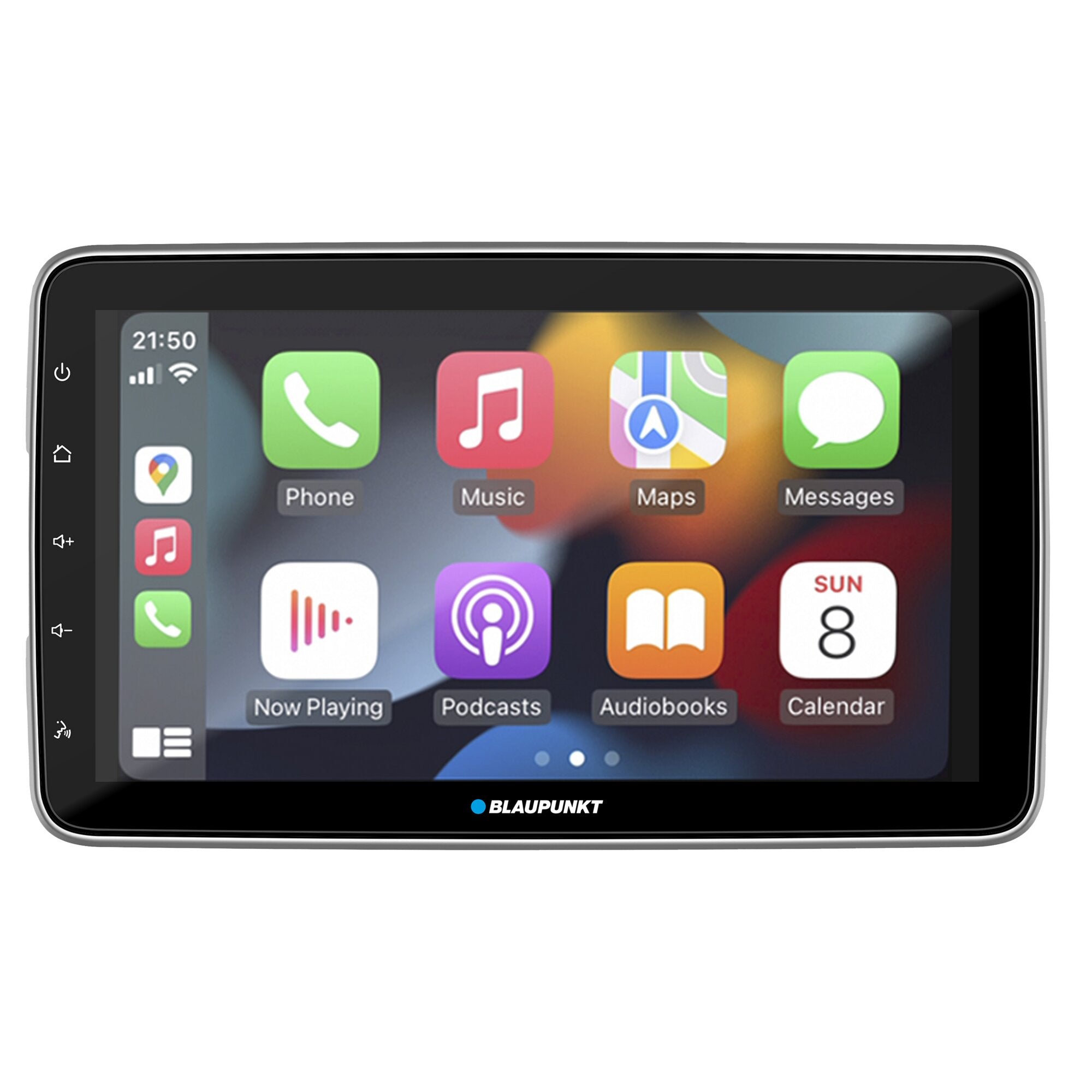 Blaupunkt Hamburg 948 DAB Navigationssystem mit dunklem Display und Metallrahmen; Bildschirm zeigt App-Symbole wie Phone, Music, Maps, Messages