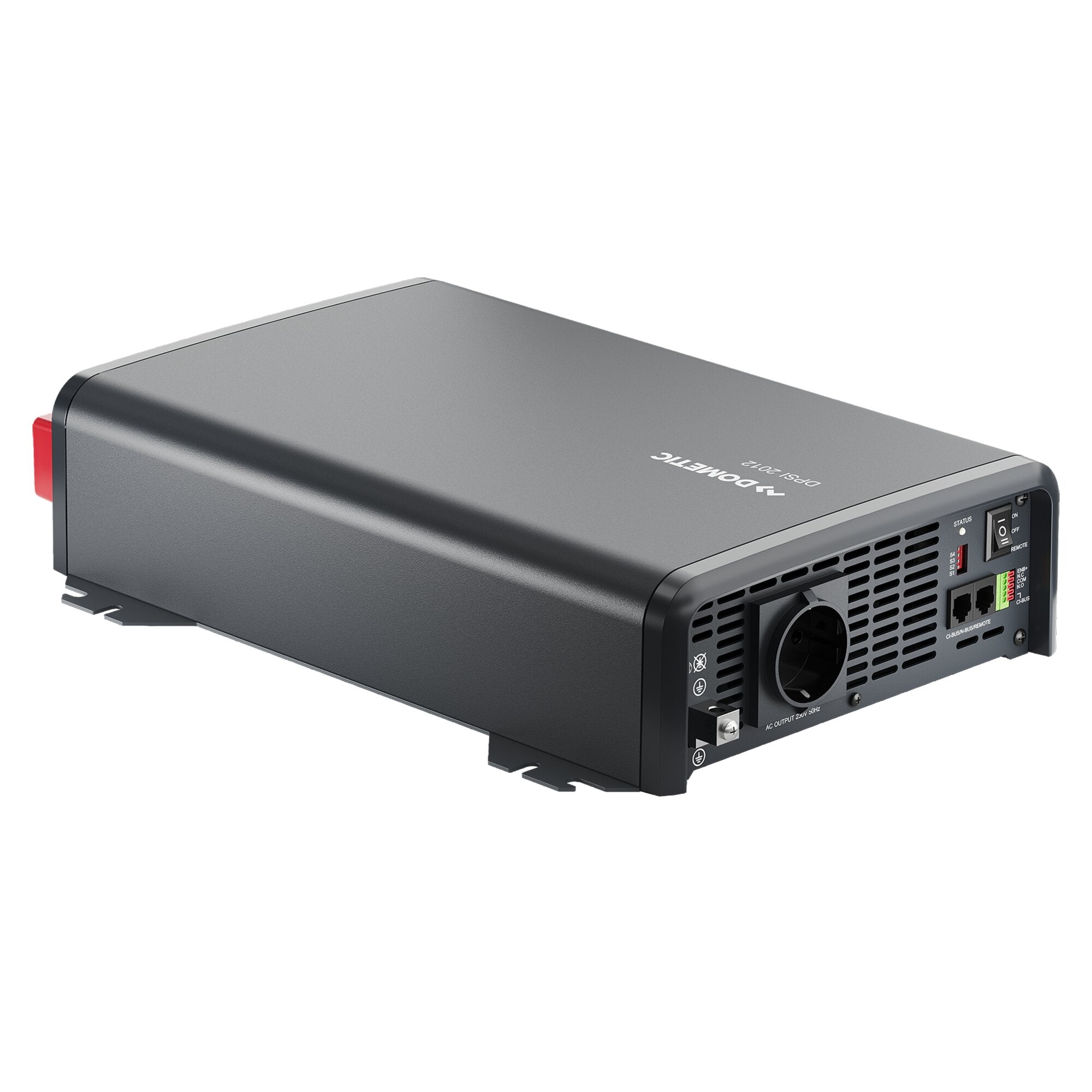 Sinus-Wechselrichter SinePower DPSI 12 V 2000 W in dunklem Gehäuse mit sichtbarem Frontpanel, Lüftungsgitter, Statusanzeigen und Netzschalter