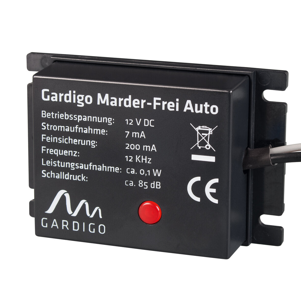 Schwarzes rechteckiges Elektronikmodul mit Montageschienen, rotem Statusknopf und Aufdruck Gardigo Marder-Frei Auto inklusive 12 V DC, 12 kHz