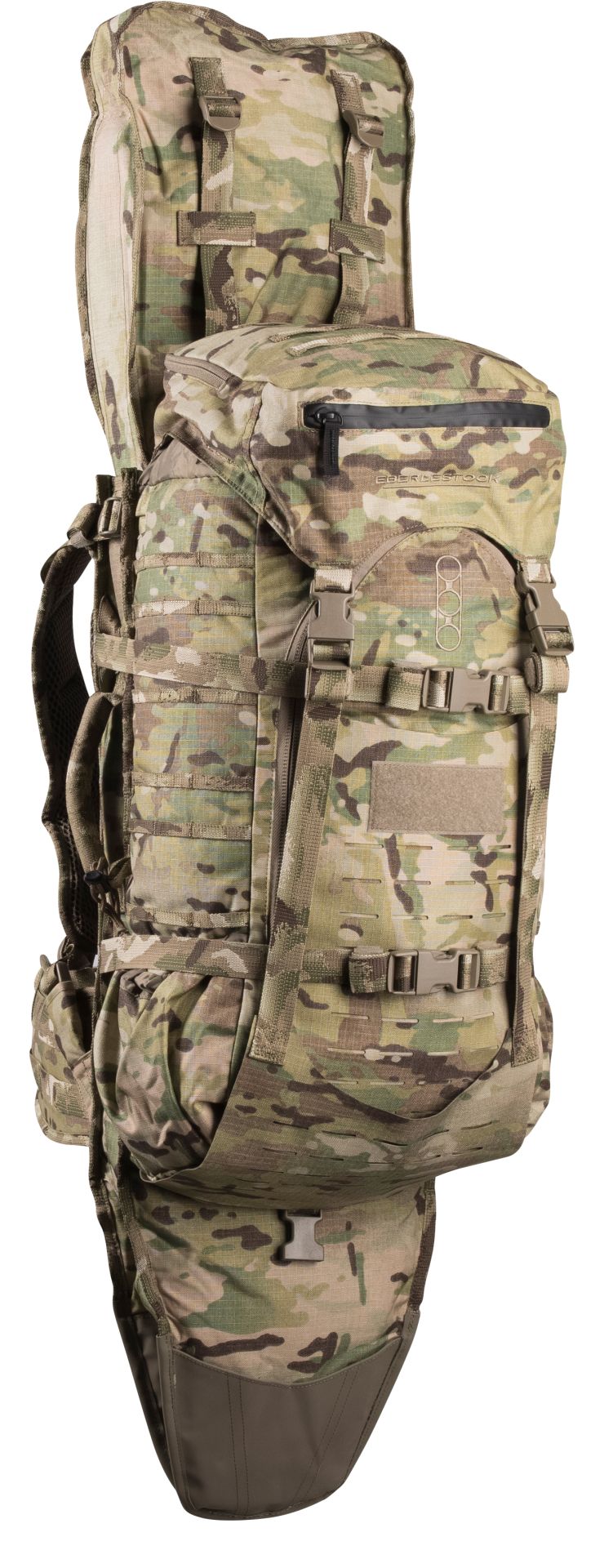 Tarnfarbener Eberlestock Gunslinger II Rucksack in Multicam mit mehreren großen und kleinen Fächern, gepolsterten.