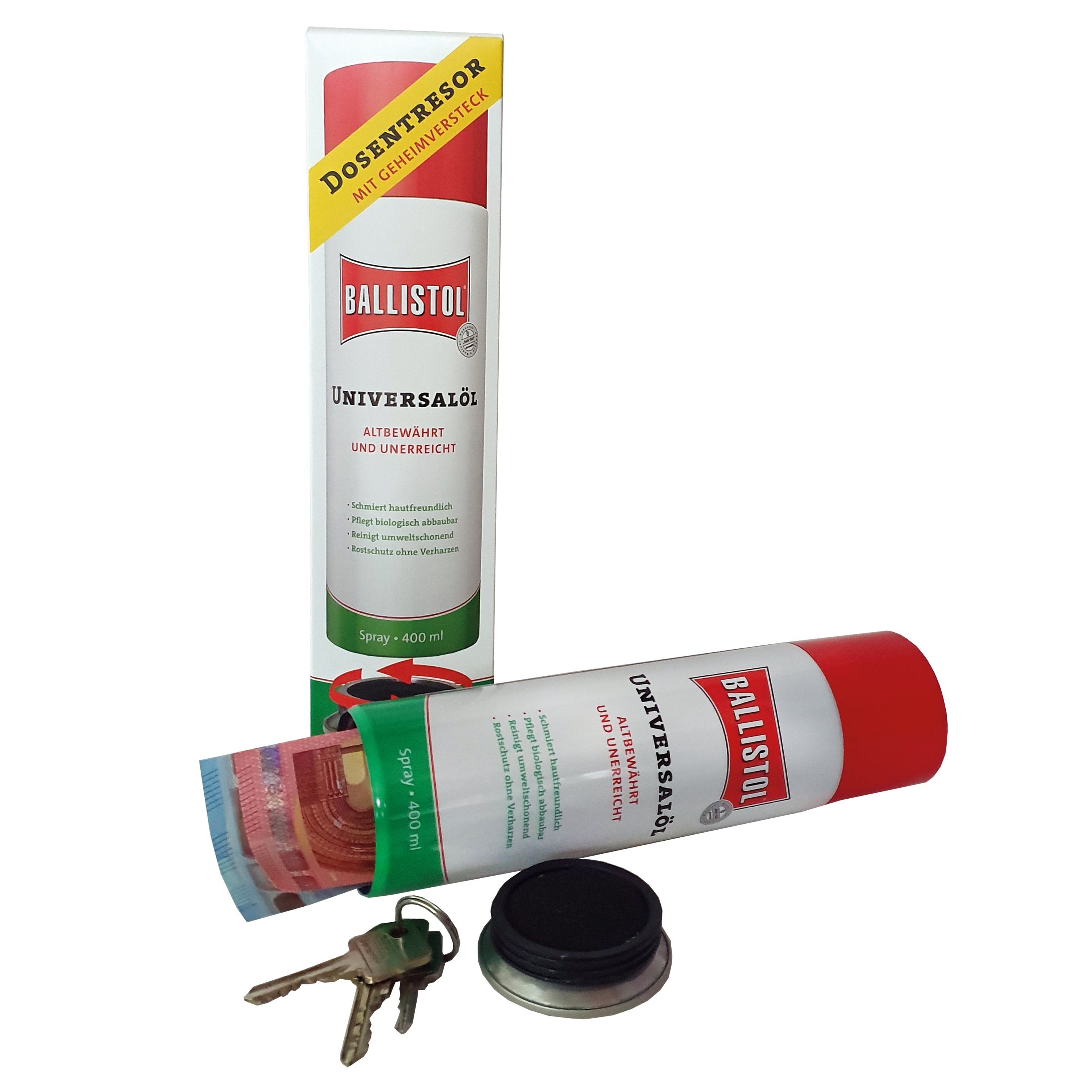 Ballistol Dosentresor 29066 in Form einer 400-ml-Universalöl-Spraydose mit abschraubbarem Boden und Geheimfach; Schlüssel und Bargeld dienen nur als Anwendungsbeispiel