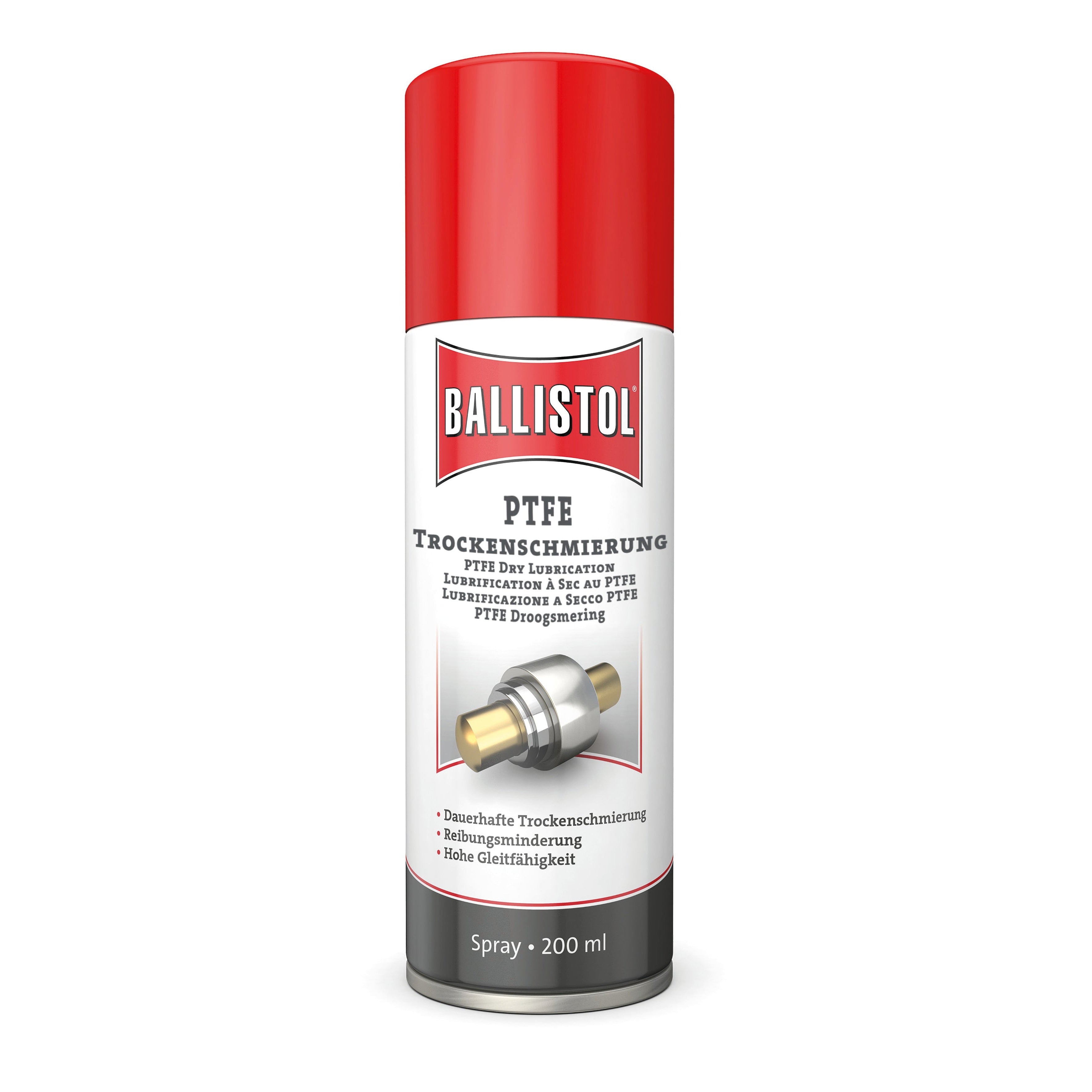 Ballistol PTFE Trockenschmierung Spray 200 ml, Artikel 25600, Dose mit roter Kappe und schwarzem Etikett