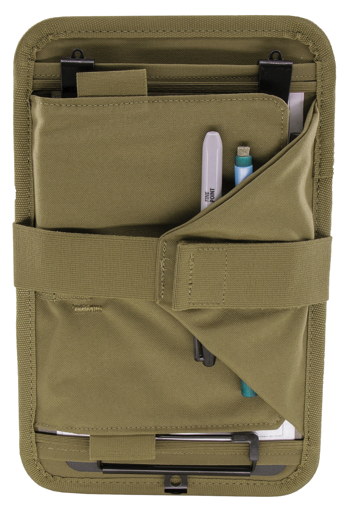 Battle Board Aviation Kneeboard Medium Coyote – Rückseite mit Beingurt und Organisationsfach