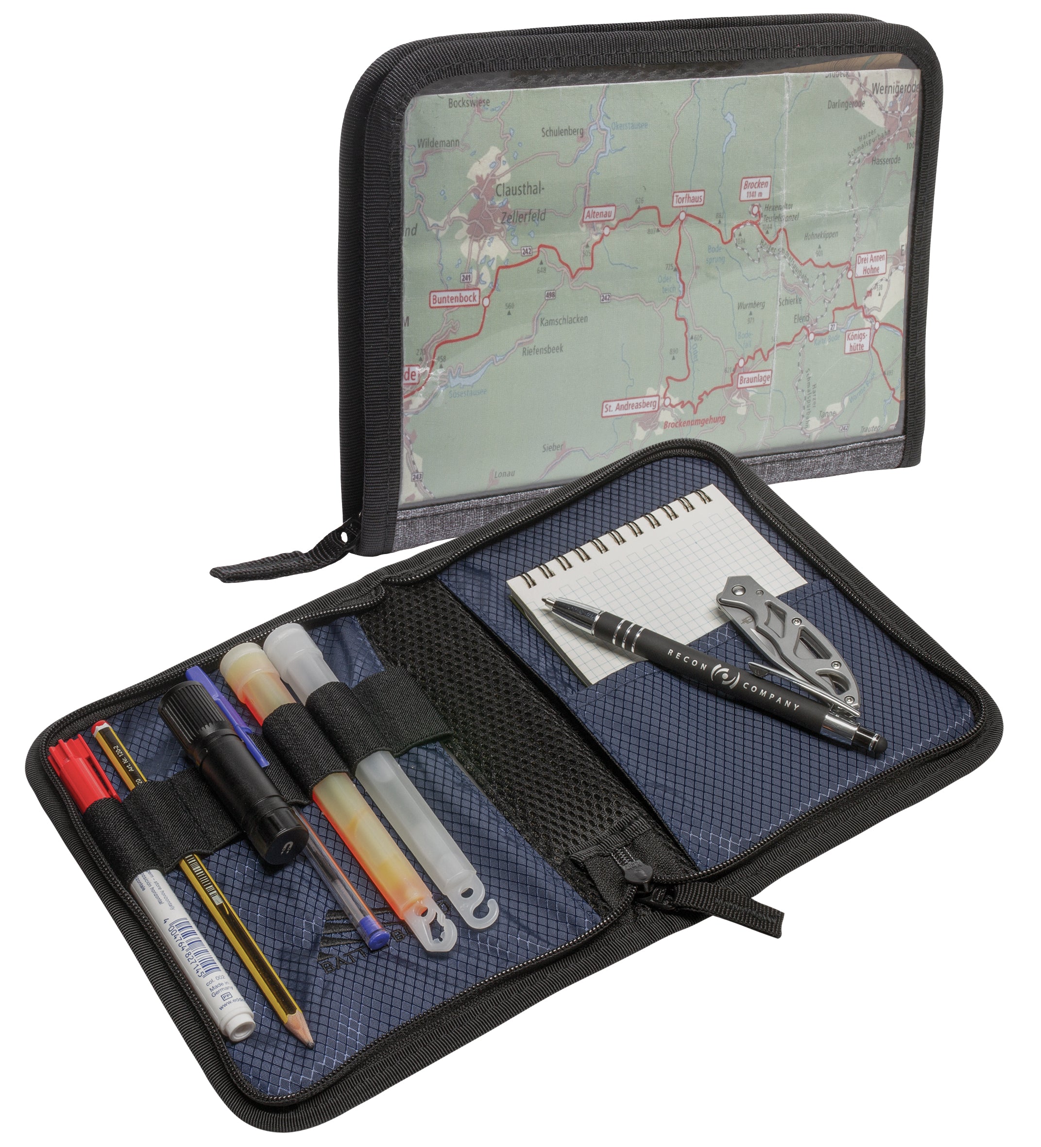 Battle Board Scout Notebook Small Grau – geöffnet mit Kartenfach, Stifthaltern und Notizfach