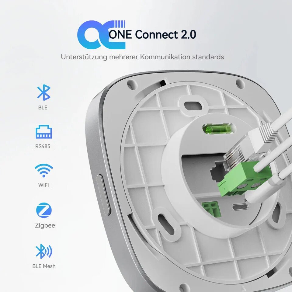 Rückseite des ONE Core mit rundem Gehäuse, grünem Terminalblock und Kabelanschlüssen; Symbole BLE, RS485, WIFI, Zigbee und BLE Mesh