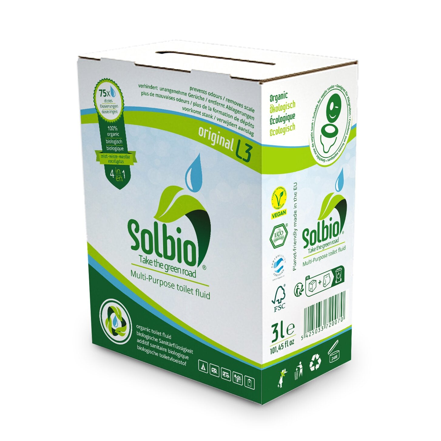 Solbio Kartonbox mit grün-weißem Design, 3L Multi-Purpose toilet fluid, Tropfen-Symbol, 4-in-1, Vegan- und Öko-Siegel, Recycling-Symbole