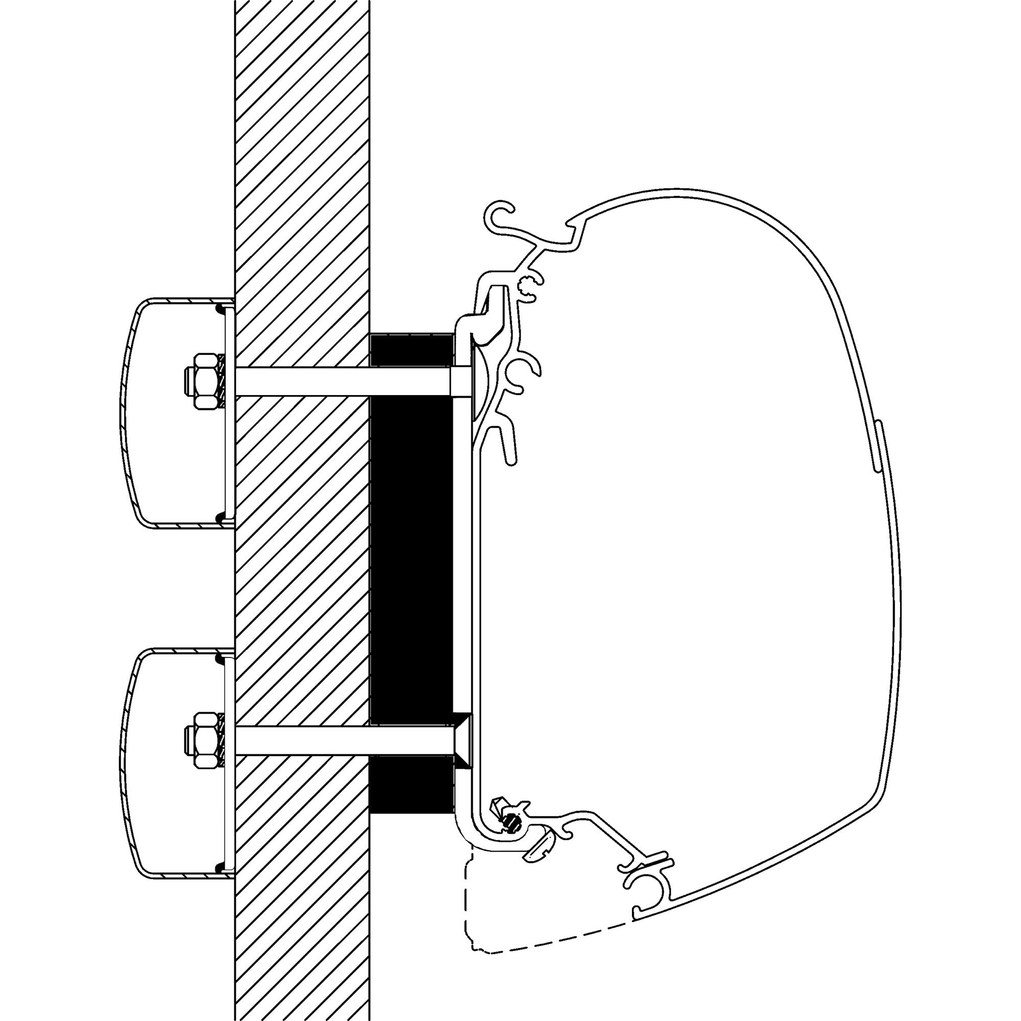 Technische Zeichnung eines Adapter-Sets: vertikale Wand, Bolzenbefestigung, schwarzer Block, Stange und eine bogenförmige Kontur im Hintergrund