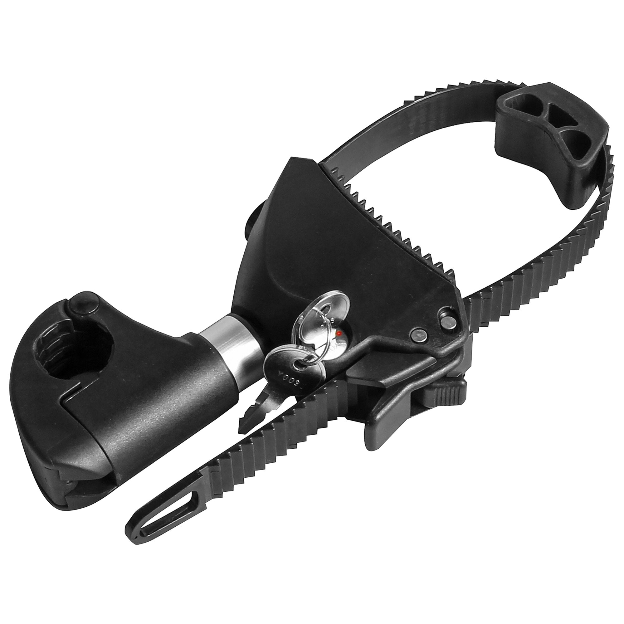 Nahaufnahme eines schwarzen Kunststoffbauteils des Fahrradträgers ProBC2 mit einem gezahnten Umlaufband und Halteklammer aus Metall
