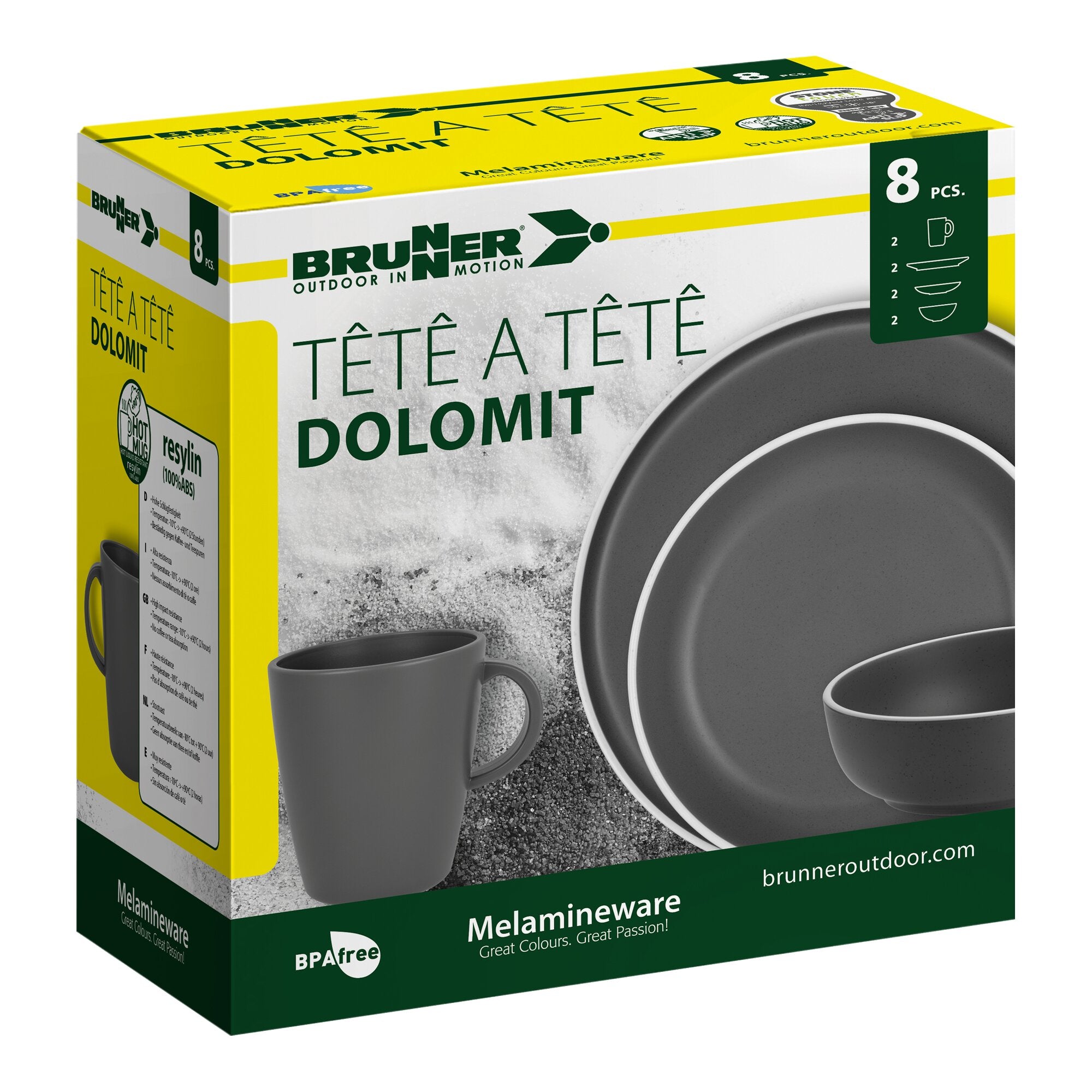 Verpackung eines grauen Melamin-Geschirrsets Tête-à-Tête Dolomit; sichtbare Teller, Schale und Becher, 8 Teile, Brunner Outdoor in Motion