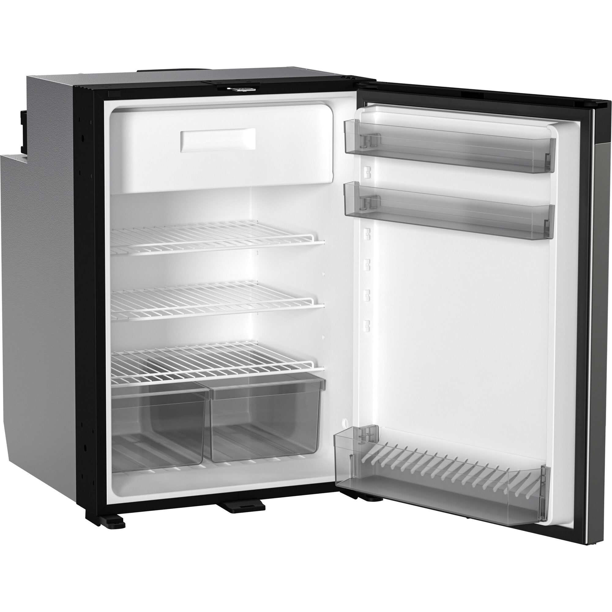 Kompaktkühlschrank CoolMatic NRX 115C, 107 l, Innenraum weiß mit Regalboden, unten Gemüsefach, drei Türablagen, Tür rechts geöffnet