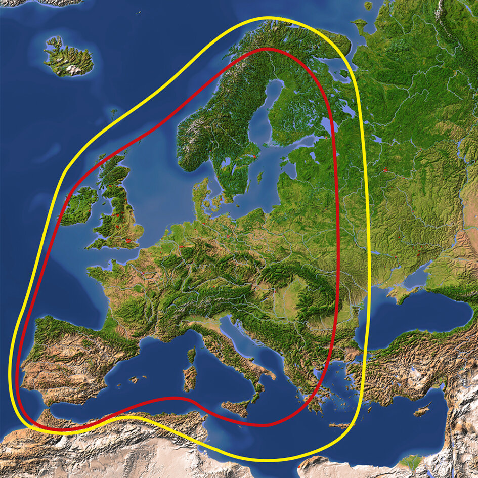 Kartenansicht von Europa mit roten und gelben Linien, die Satelliten-Fußabdrücke markieren
