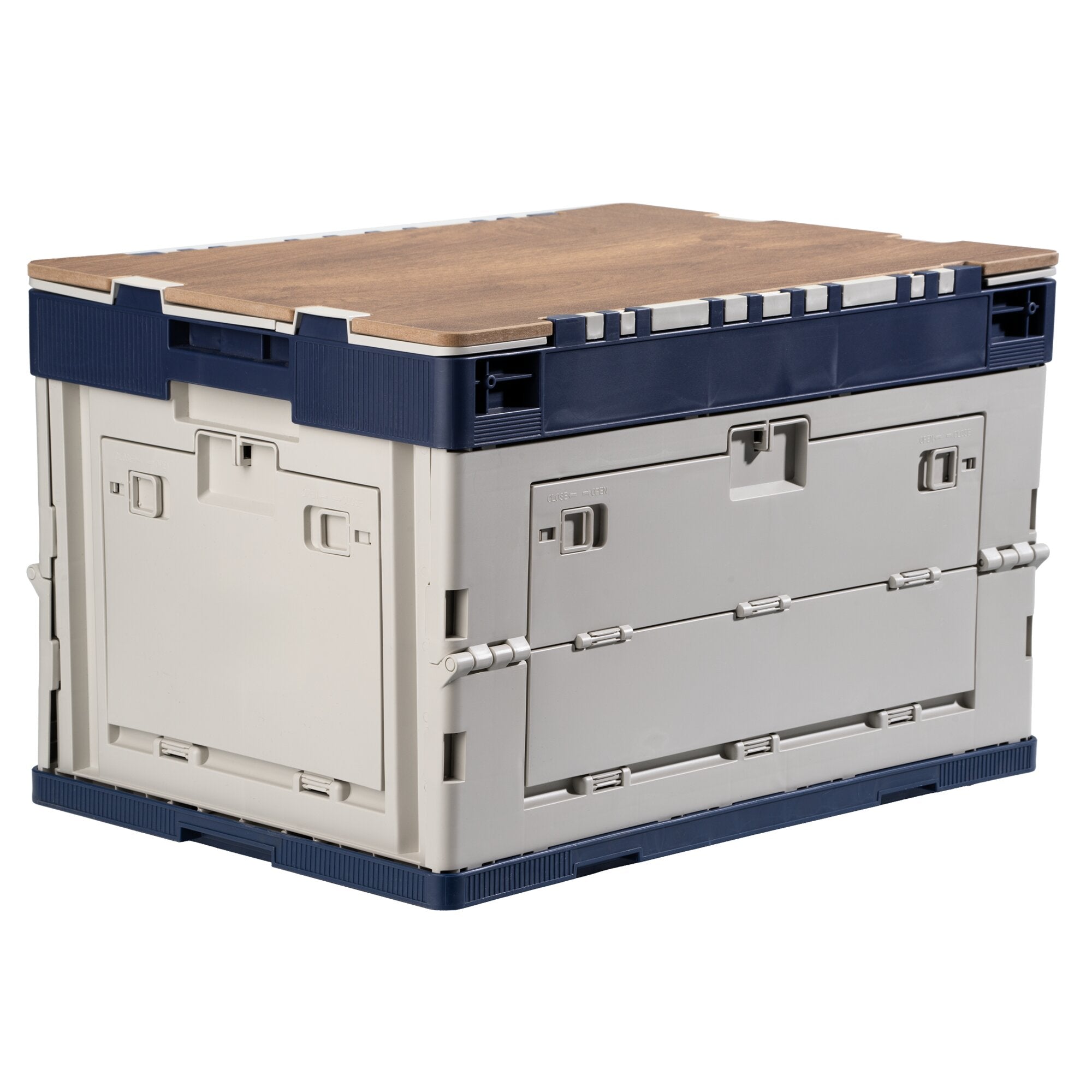 65-Liter klappbare Transportbox aus Kunststoff, blaues Unterteil mit grauen Details, Holzoptik-Deckel und seitliche Verriegelungen
