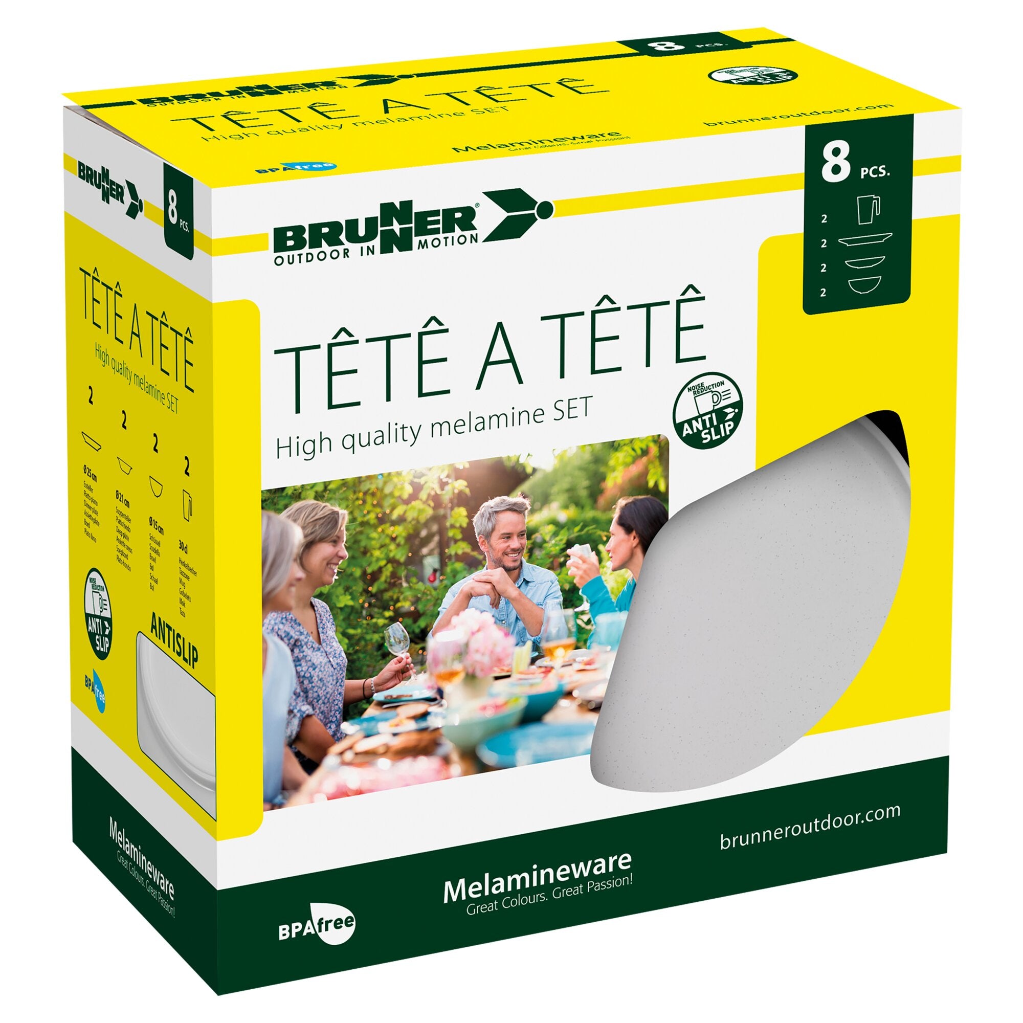 Verpackung eines 8-teiligen Melamin-Geschirrsets Tête-à-Tête Dolomit, weiß von Brunner; gelbe Box mit Logo und Foto fröhlicher Menschen beim Essen im Freien