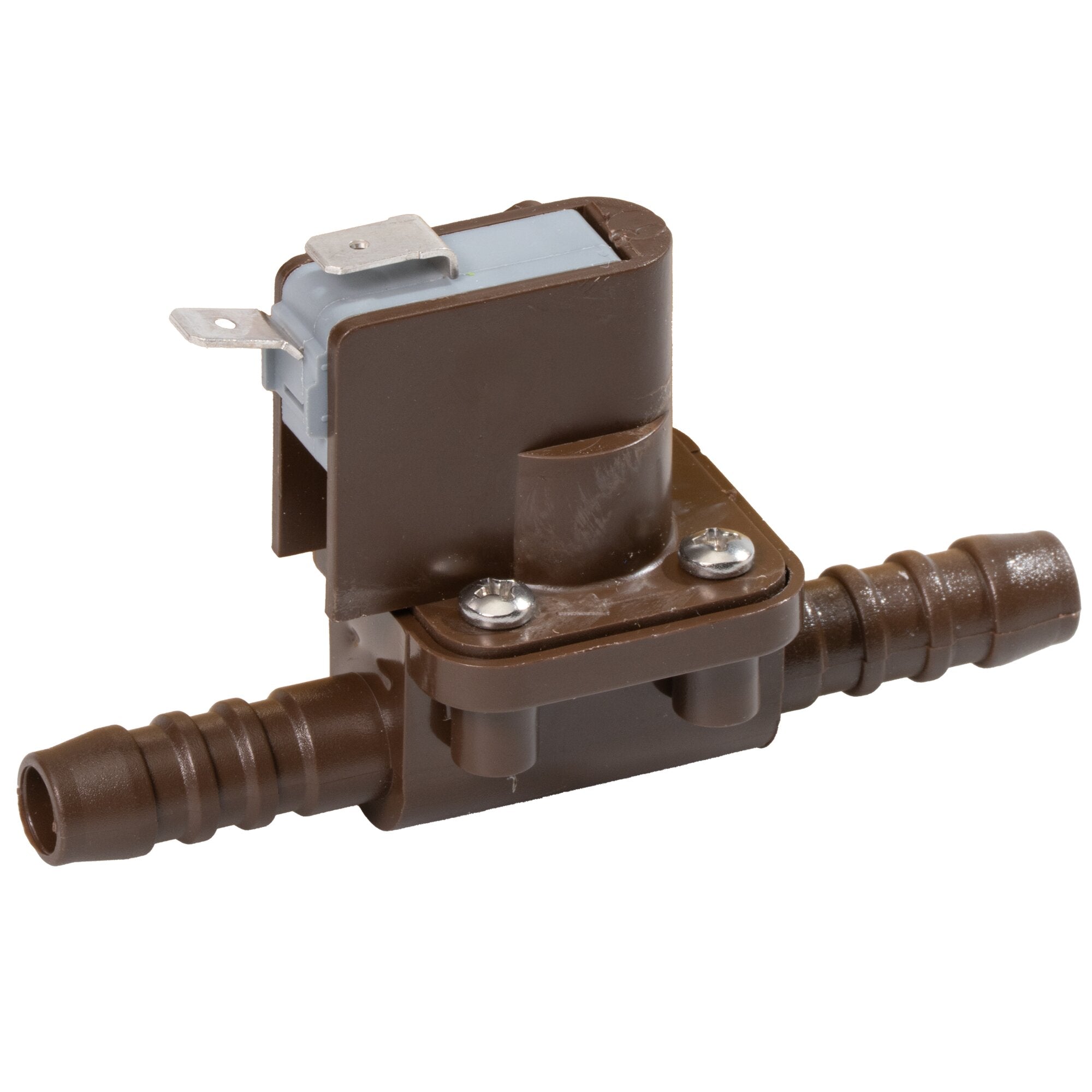 Nahaufnahme eines braunen Druckschalters für Wasserpumpen mit grauem Gehäuse, zwei flachen Metallkontakten, Schraubklemmen und einer flexiblen braunen Leitung