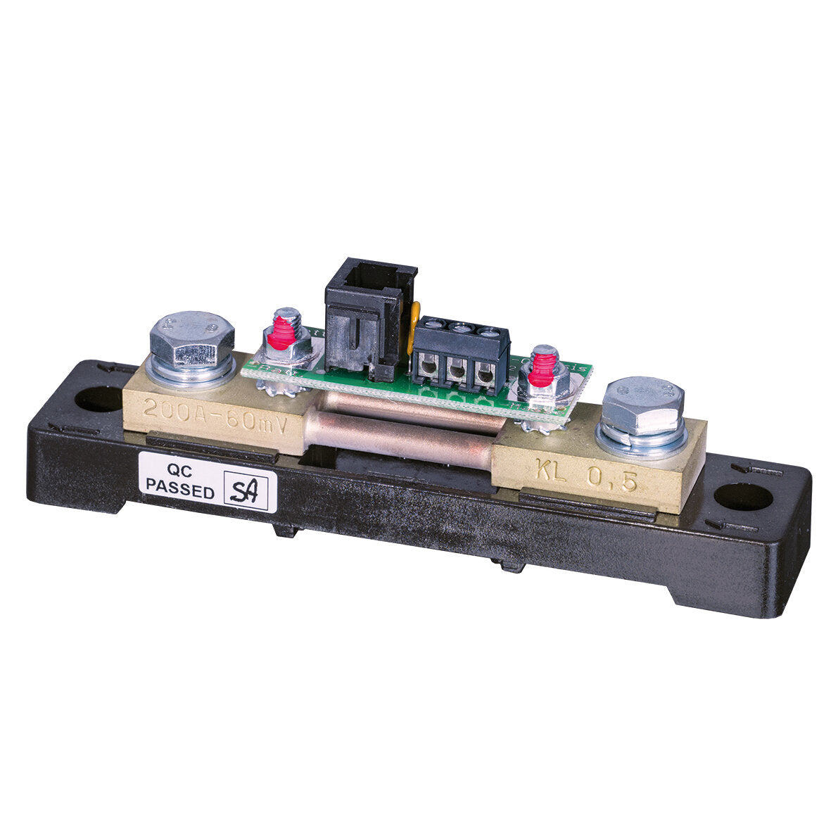Strom-Shunt-Modul auf schwarzem Träger mit zwei großen Endklemmen, Metallbrücke und kleinem Leiterplattenmodul mit Steckverbinder