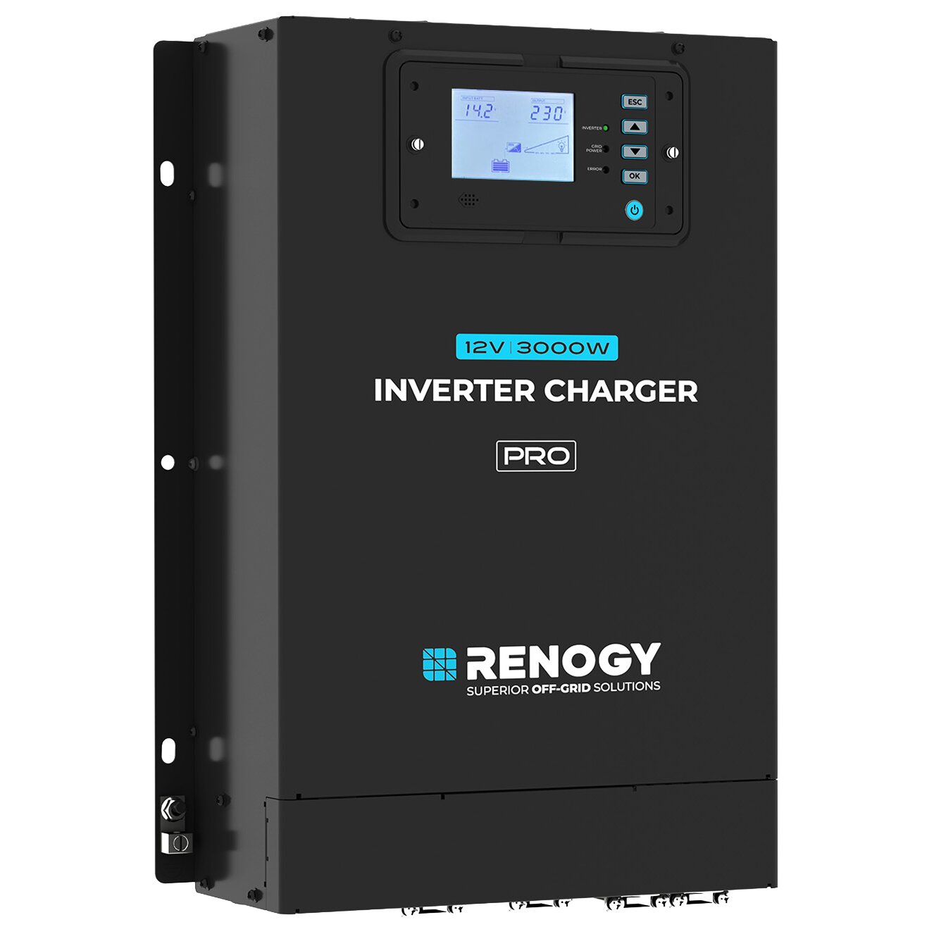 Schwarzer vertikaler Wechselrichter mit Display oben; Front zeigt INVERTER CHARGER, blaues 12V | 3000W Label und RENOGY-Logo
