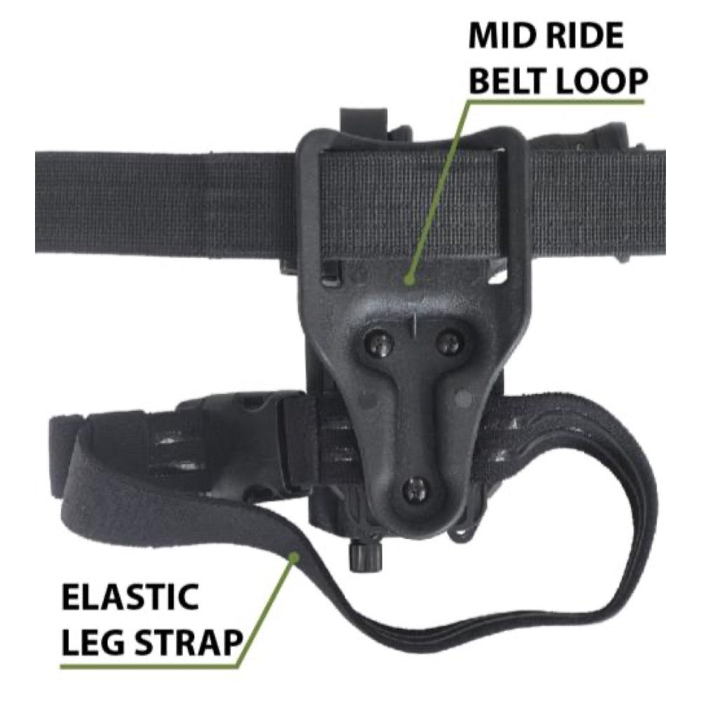 BGs Elastic Leg Strap in Schwarz an einem Mid Ride Belt Loop montiert