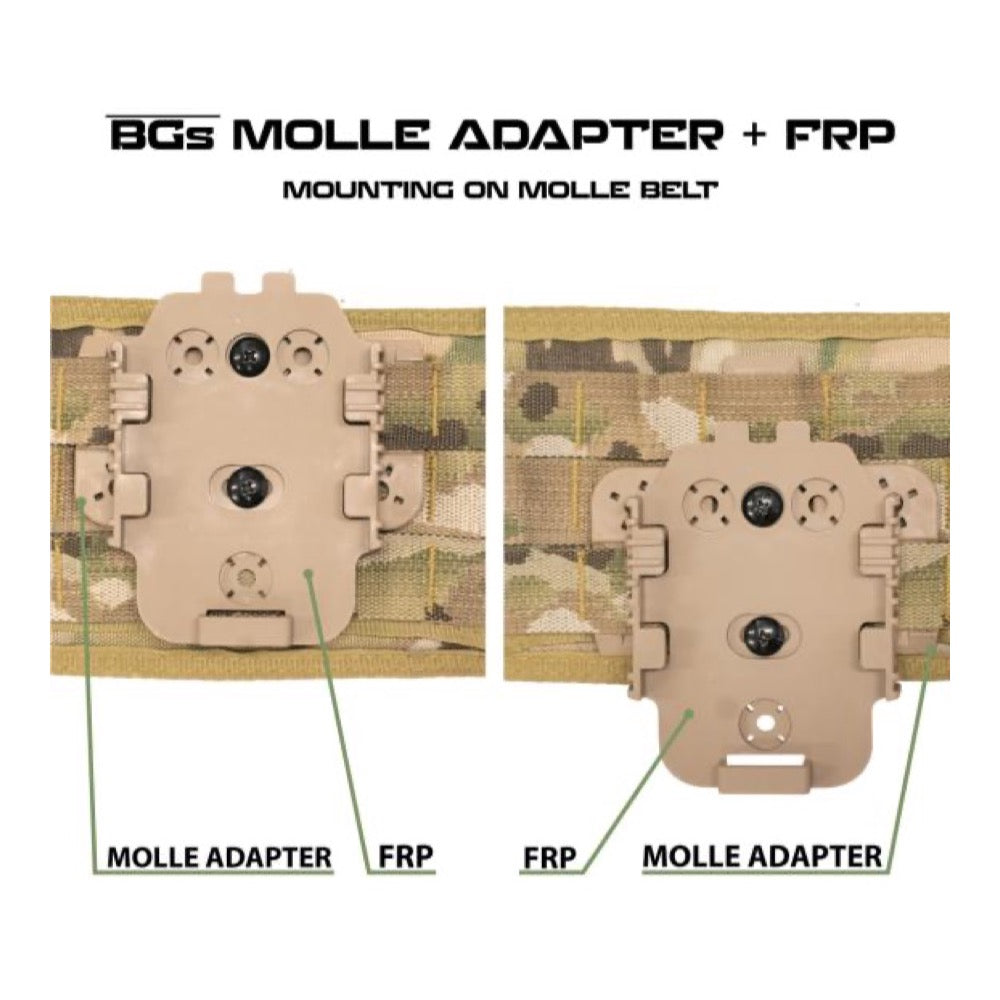 BGs MOLLE Adapter Kit in FDE vertikal und horizontal an einem MOLLE-Gürtel montiert